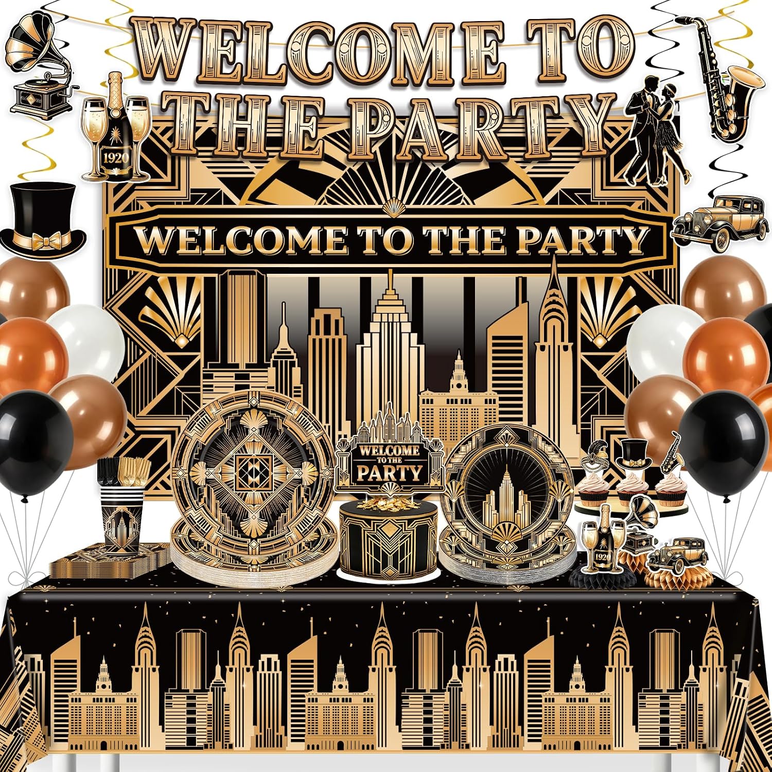 NeoRov 221 Pcs Roaring 20s Party Decorations Tableware Backdrop Set