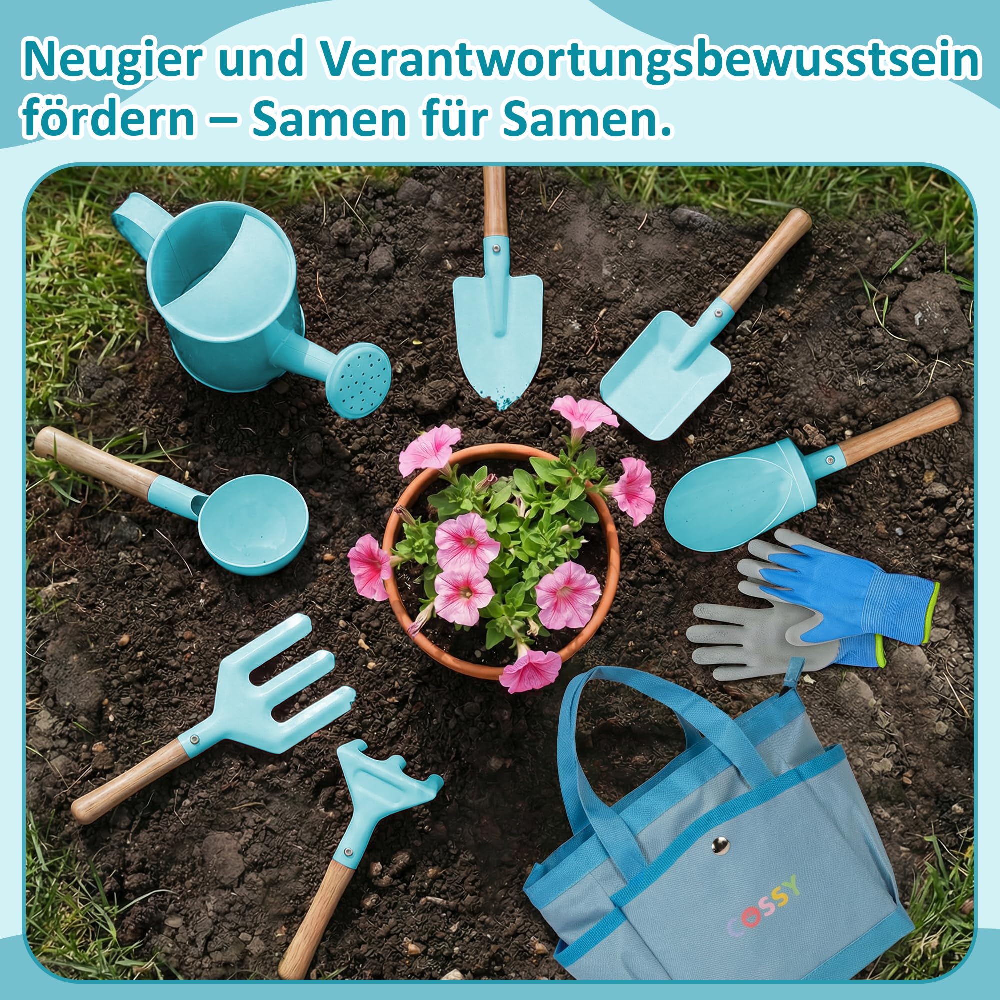 cossy Gartenset für Kinder, 13-teilige Gartenwerkzeug Set, Gartengeräte für Kinder Kleinkinder Jungen & Mädchen, Inklusive Tragetasche, Gießkanne, Schaufeln, Rechen, Gartenhandschuhe, Schürze, Blau