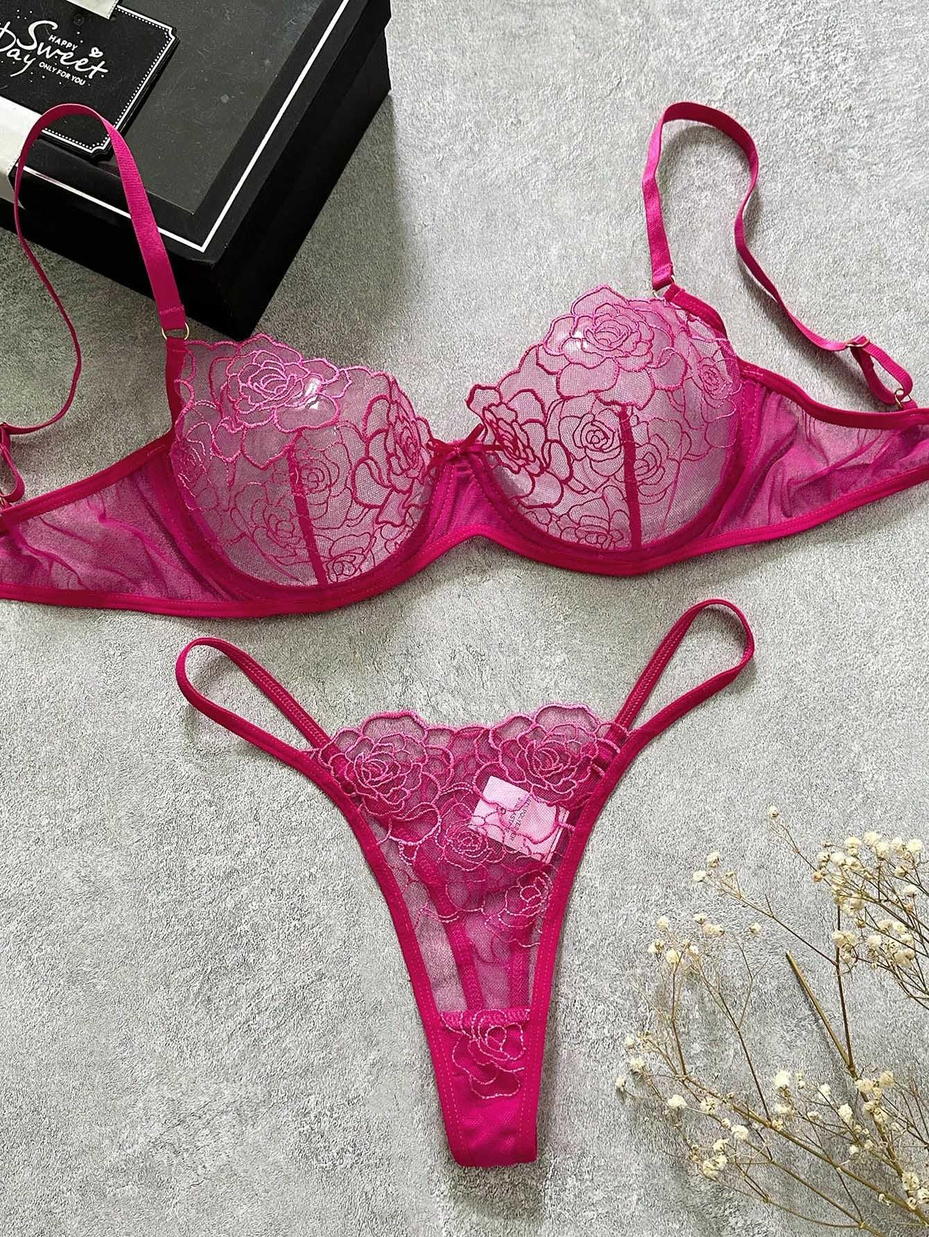 Lilosy Sexy Satin Mesh Floral Sheer Embroidered Underwire Lingerie Set 2 Piece Women Push Up See Through Matching Bra Panty Print Royal Blue Medium: Flower X-Large Solid Hot Pink