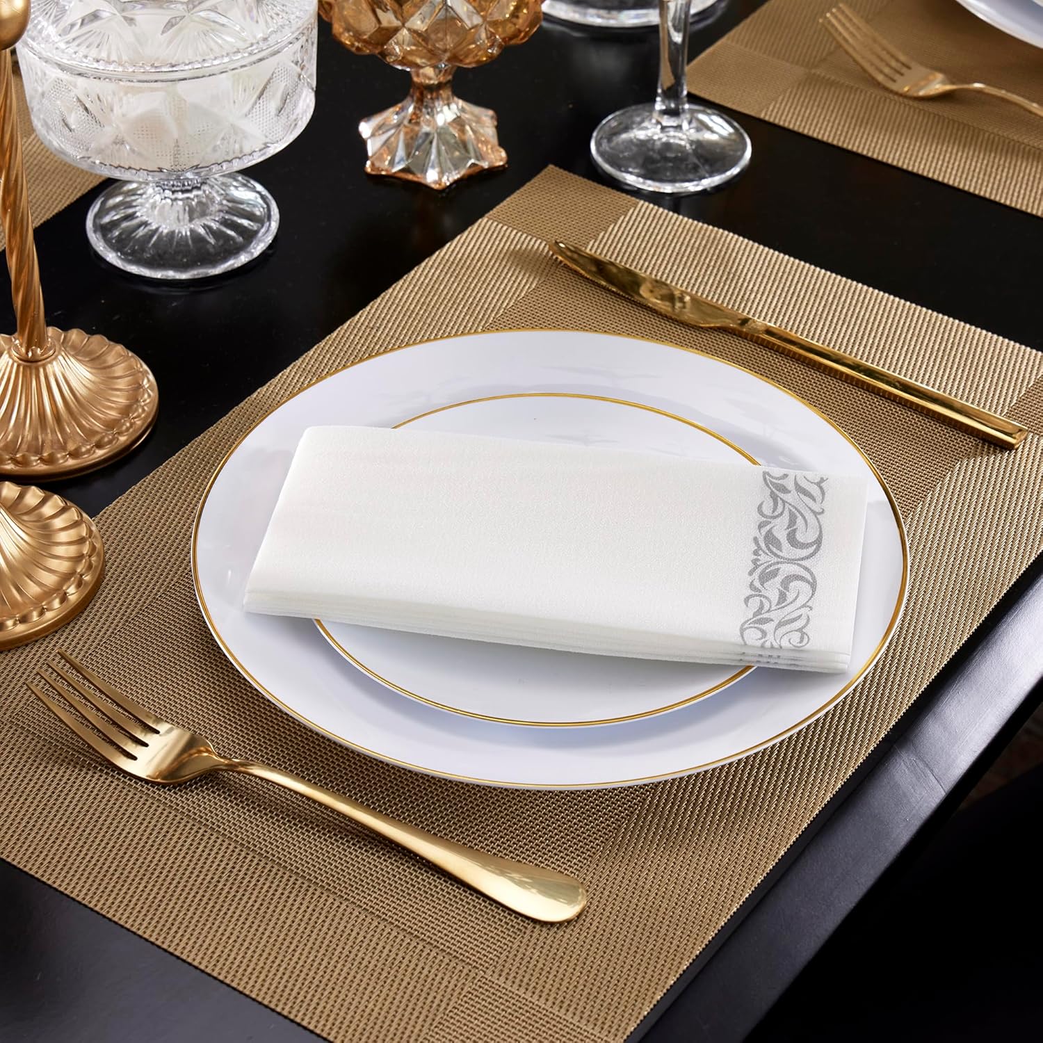 200 Pack Disposable Linen-Feel Paper Hand Towels, Soft Bathroom Napkins, Elegant White Napkins with Silver Design for Kitchen, Wedding, Parties, Dinners or Events (12" x 17")