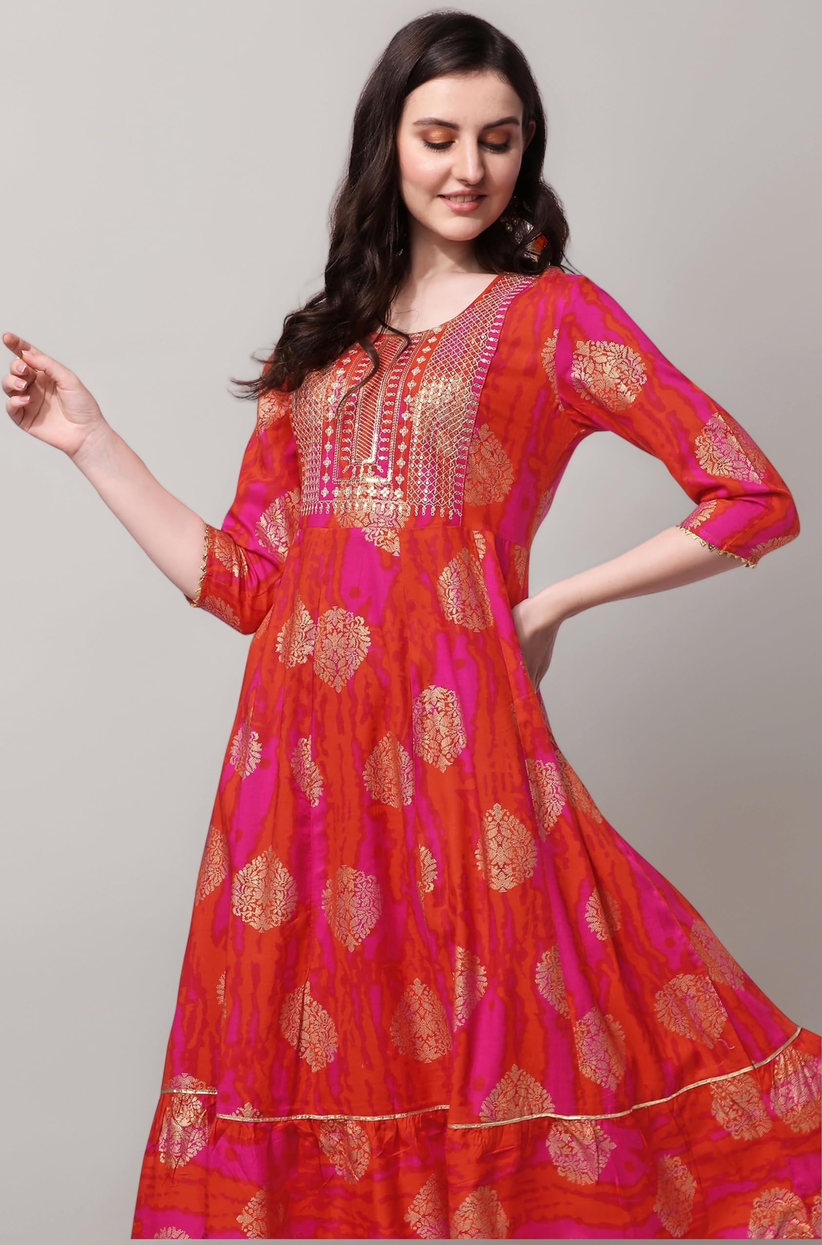 Women's Cotton Relaxed Fit A Line Sequins Embroidery Work Foil Printed A-Line Kurti Only