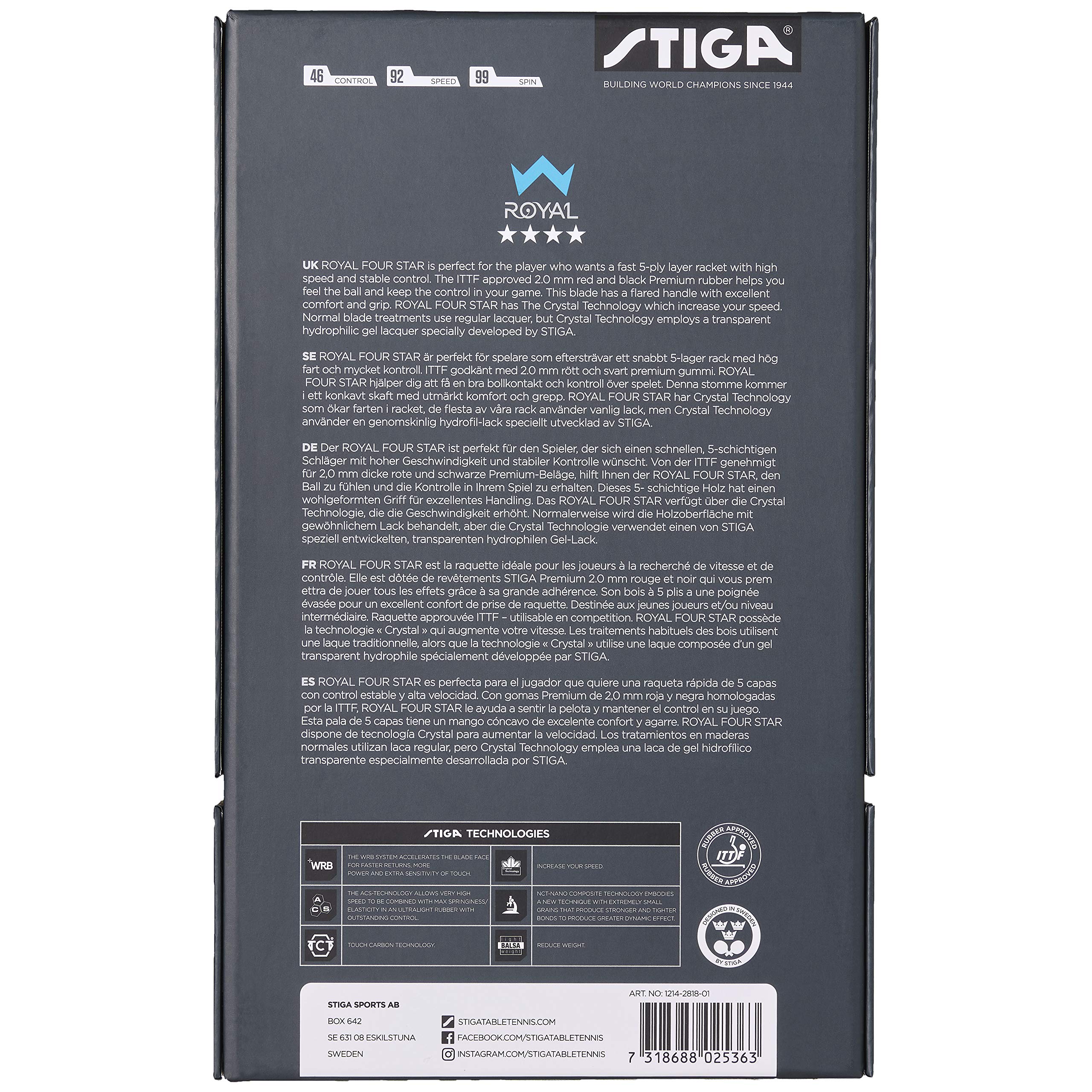 STIGA Royal 4-Star Raqueta de Tenis de Mesa ITTF Goma Crystal 5 Capas Mango Cóncavo