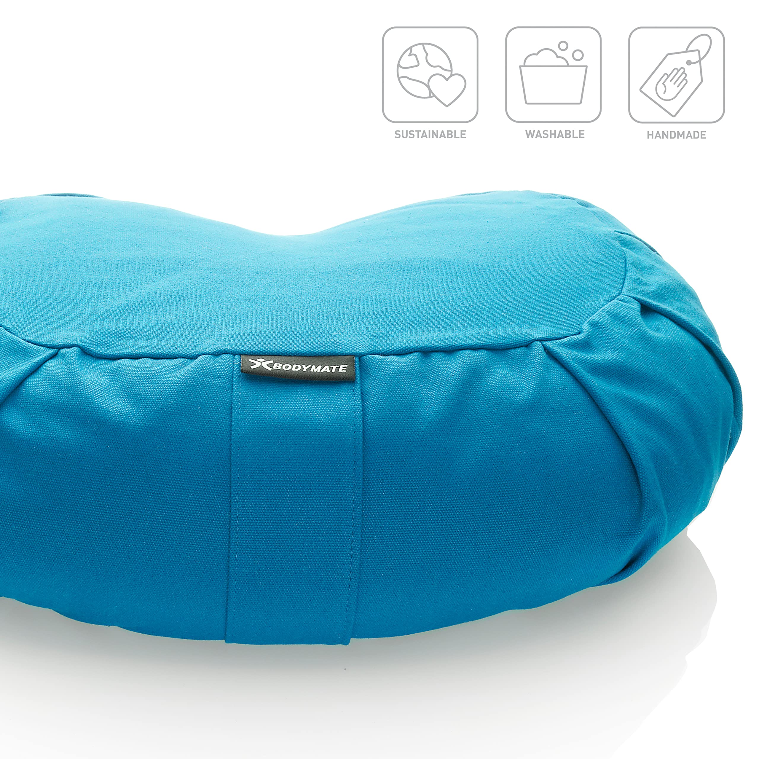 BODYMATE Halbmond Yogakissen 42cm lang 30cm breit und 15cm hoch mit Buchweizen-Spelz Füllung – Maschinenwaschbarer Bezug aus 100% extra dicker Baumwolle – Meditationskissen – Sitzkissen