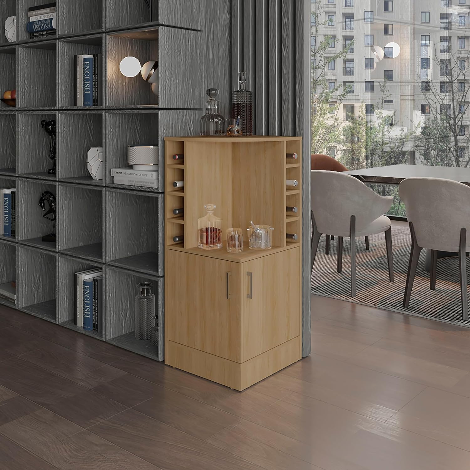 Tuhome Jakes 42" Tall Corner Bar Cabinet with Eight Wine Bottle Cubbies, Double-Door Storage Cabinet, Space-Saving Liquor Organizer for Living Room or Dining Room, Modern Home Bar Furniture
