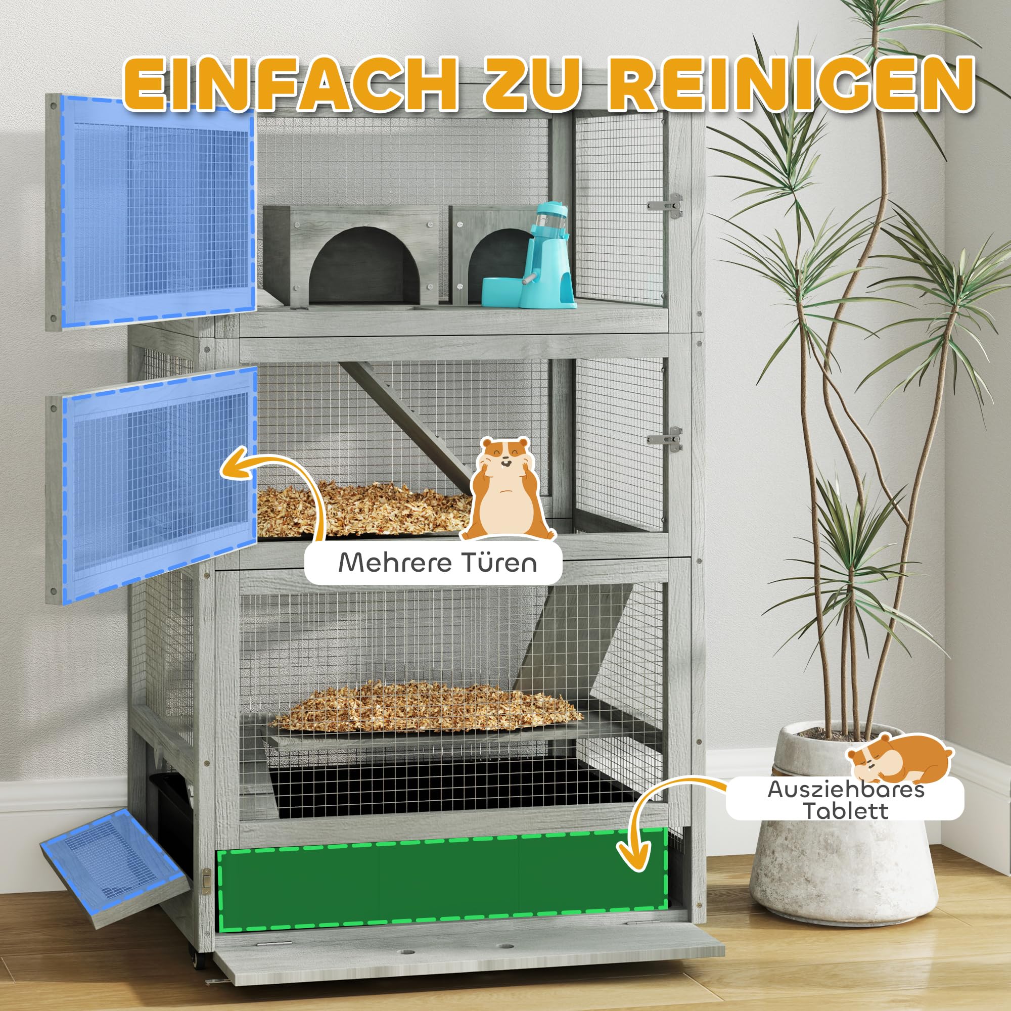 PawHut Jaula de Madera para hámster Enano, 65 x 45 x 109 cm Jaula para roedores con conejeras, balancín, Paleta, comederos, Jaula para Animales pequeños de 4 Niveles con Cerradura, rampas, Ruedas,