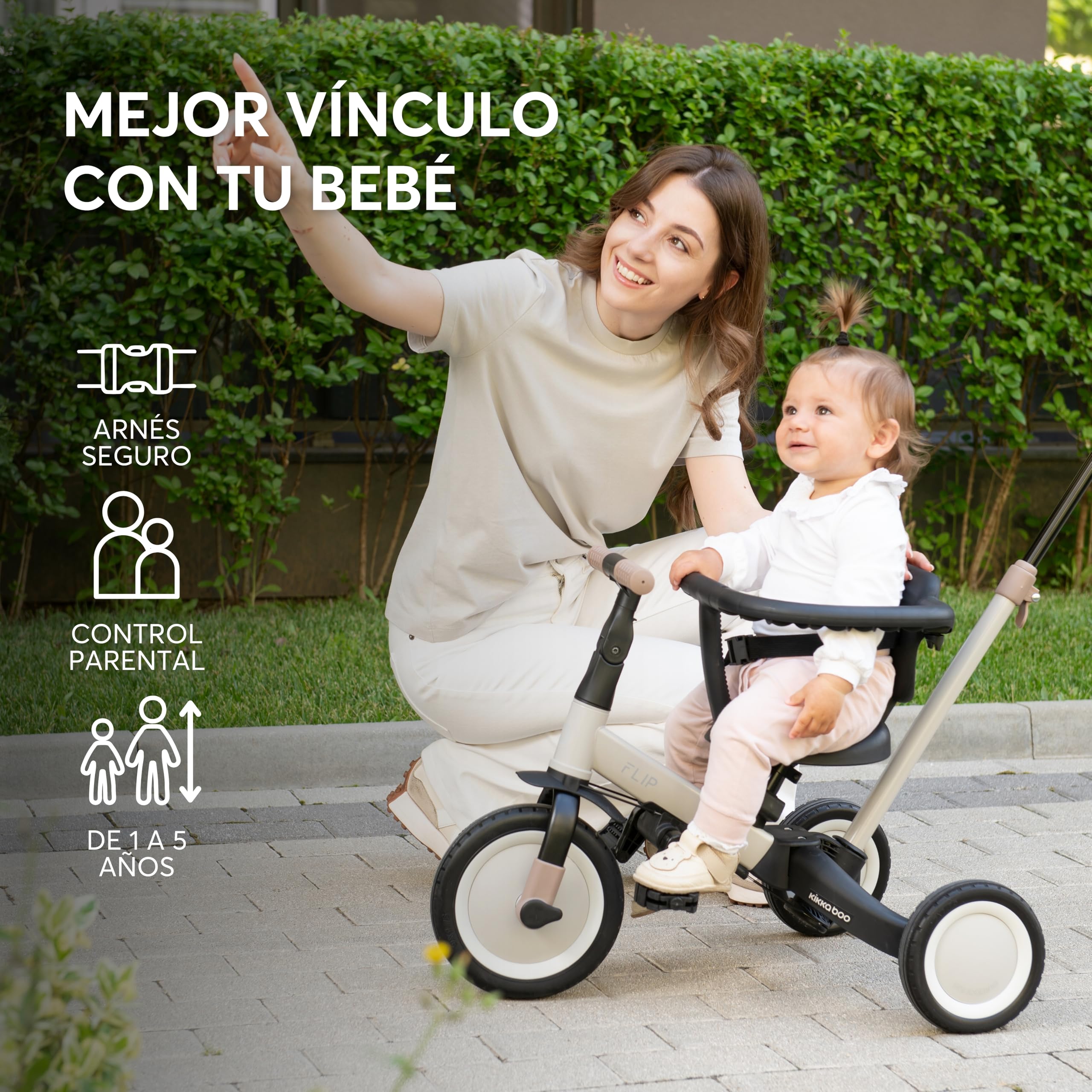KikkaBoo FLIP, Triciclo Evolutivo de Bebé 5 en 1, Bicicleta con o sin Pedales, Ajustable y Transformable, Beige, Desde 1 Año Hasta 5 Años