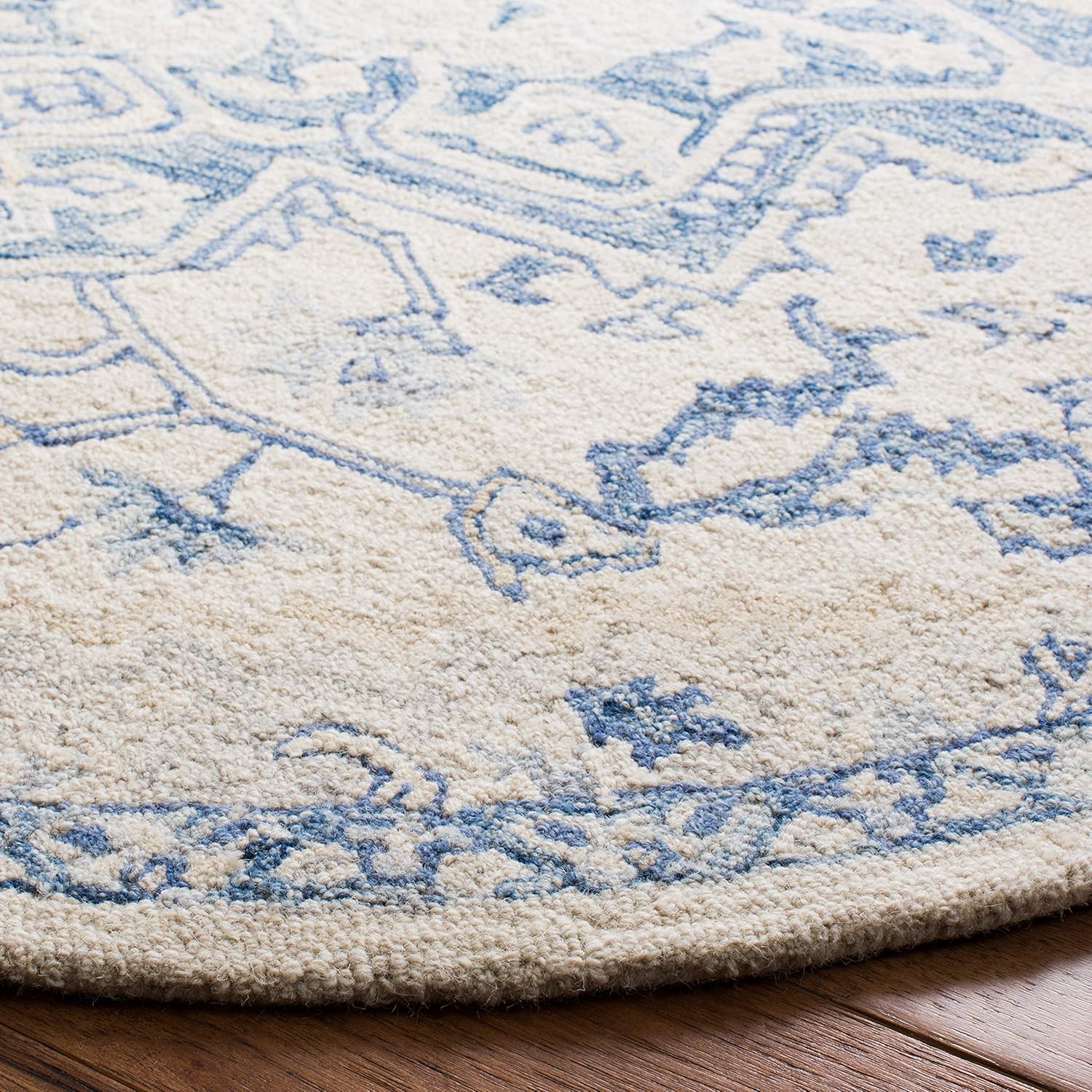 SAFAVIEH Micro-Loop Collection Area Rug - 9' Round, Ivory & Blue, Handmade Shabby Chic Medallion Wool, Ideal for High Traffic Areas in Living Room, Bedroom (MLP503G)