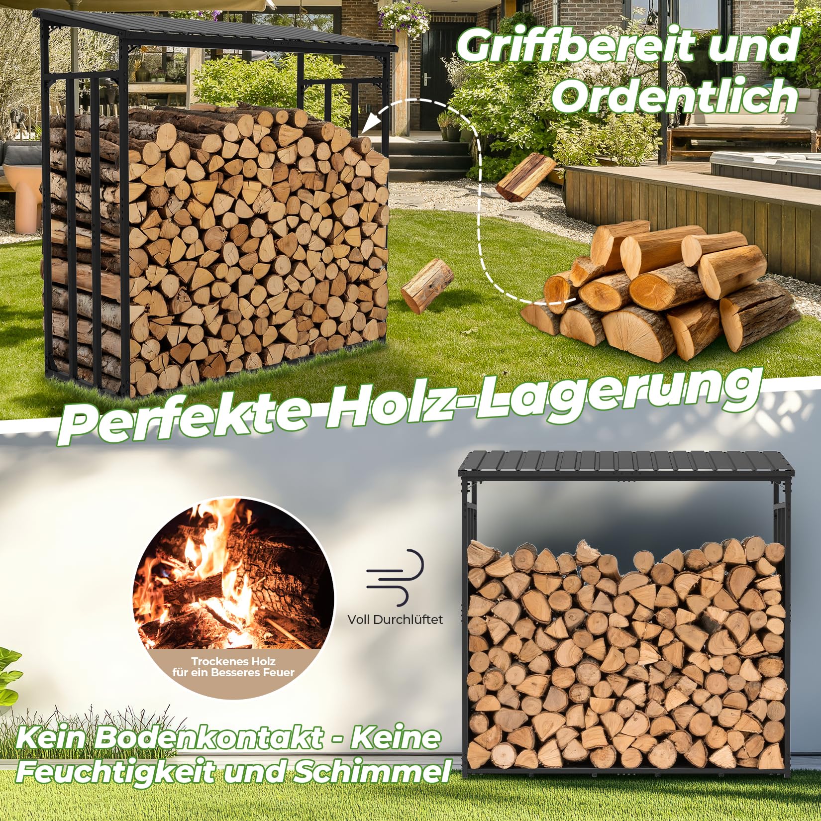 CHOSHOME Kaminholzregal Aussen 185x70x185cm, Metall Kaminholzlager Außen XXL, Anthrazit Garten Kaminholzunterstand 3,3 SRM / 2,3m³, Metalldach, Feuerverzinkt, Brennholzregal
