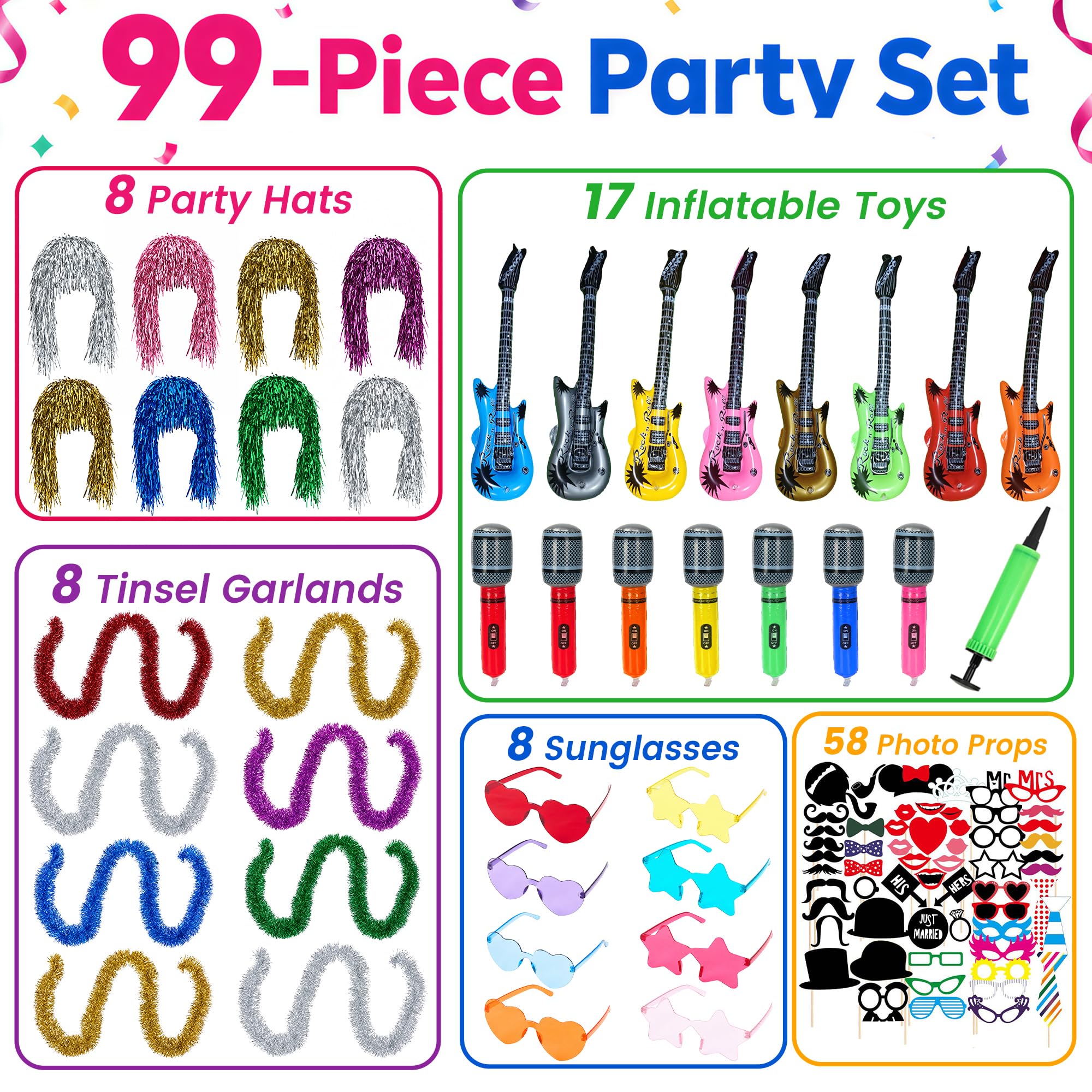 Set di accessori decorativi per feste, 99 pezzi, con cappelli da festa, occhiali da sole, ghirlande e giocattoli gonfiabili, per matrimonio, compleanno, Capodanno