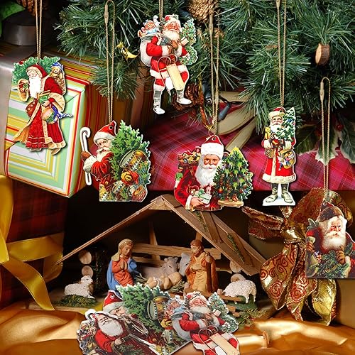 Miniatura 6 de Gerrii 9 piezas de adornos de árbol de Navidad de Papá Noel de estilo victoriano, rústico, nostálgico, retro, decoraciones de árbol colgantes de
