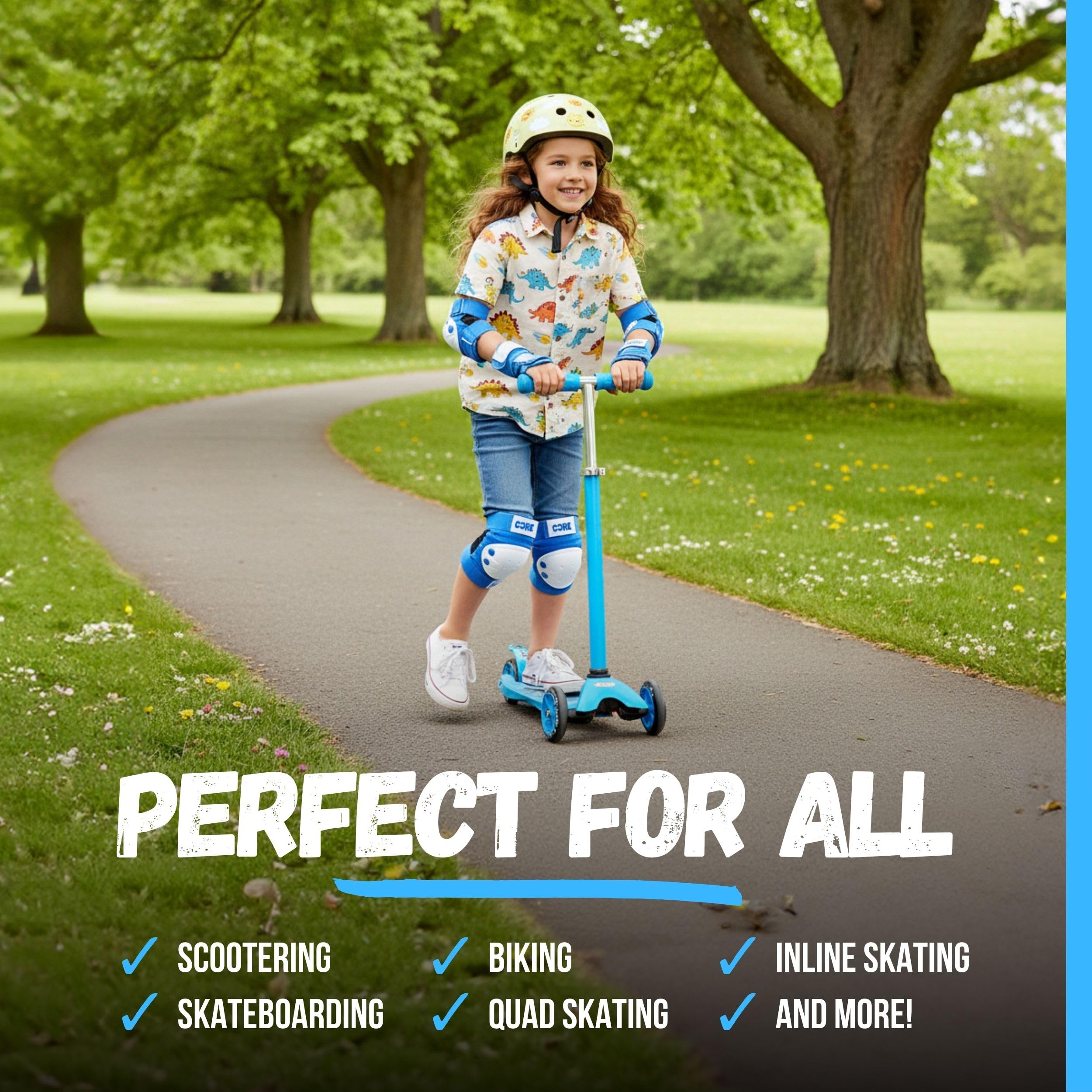 Core Junior Triple Pad Set Knee Pads Elbow Pads Wrist Guards 6 in 1 Protective Gear Set for Kids Youth Adult for Skateboarding Scooter Cycling BMX Skating Skate