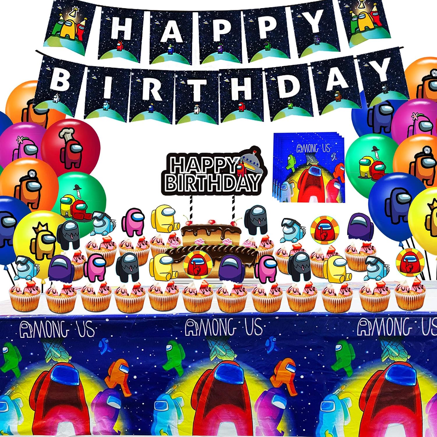 Among Us Party Supplies, Birthday Decorations Include Banner, Tablecover, Napkins, Cake Topper, Cupcake Toppers and Latex Balloons Tableware for Kids Among Us Birthday Party Supply Favors