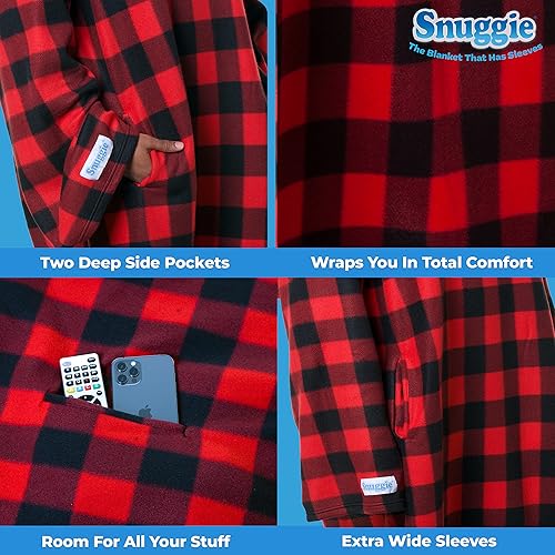 Miniatura 6 de Snuggie Manta portátil con mangas y bolsillos, forro polar suave, cuadros rojos y negros