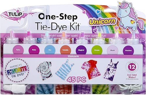 Kit de teñido anudado en un solo paso Tulip Unicorn, fácil para niveles de habilidad principiante, 8 botellas pre-cargadas de fácil extrusión,
