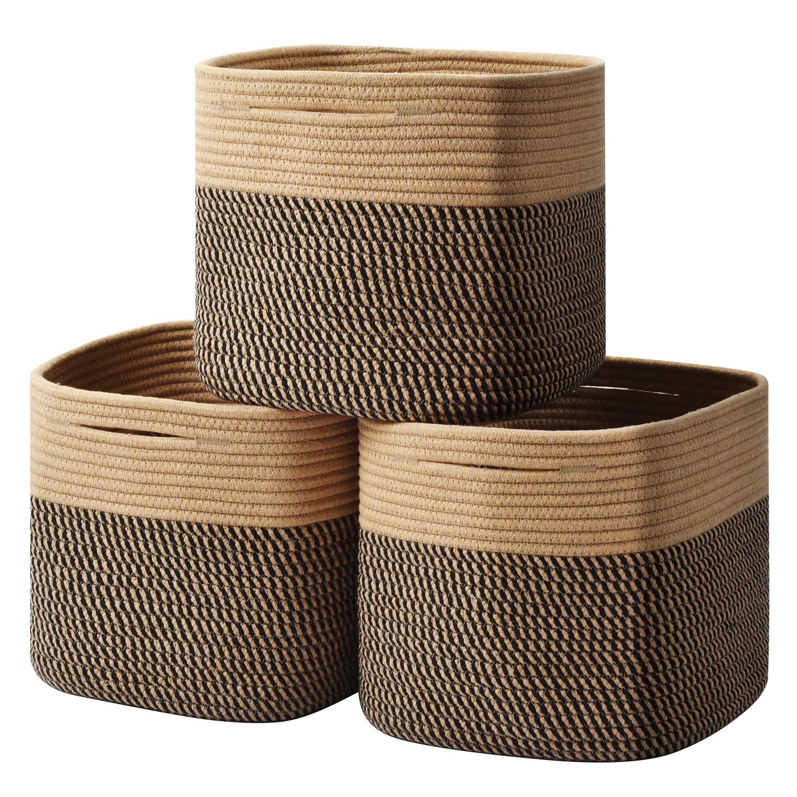 Gocjuaza Cube Storage Basket, 3-Pack Woven Cotton Rope Baskets, 11-Inch Cube Basket with Handles, Great for Shelves, Closets, Children's Toy Organization (Black and Brown)