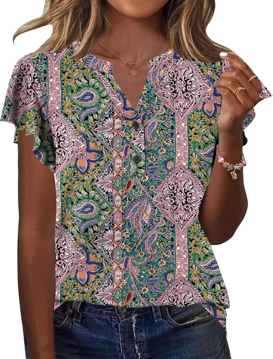 Rapbin Womens Short Sleeve Tops Ruffle V Neck Button Down Shirts Dressy Casual Tunic Blouses