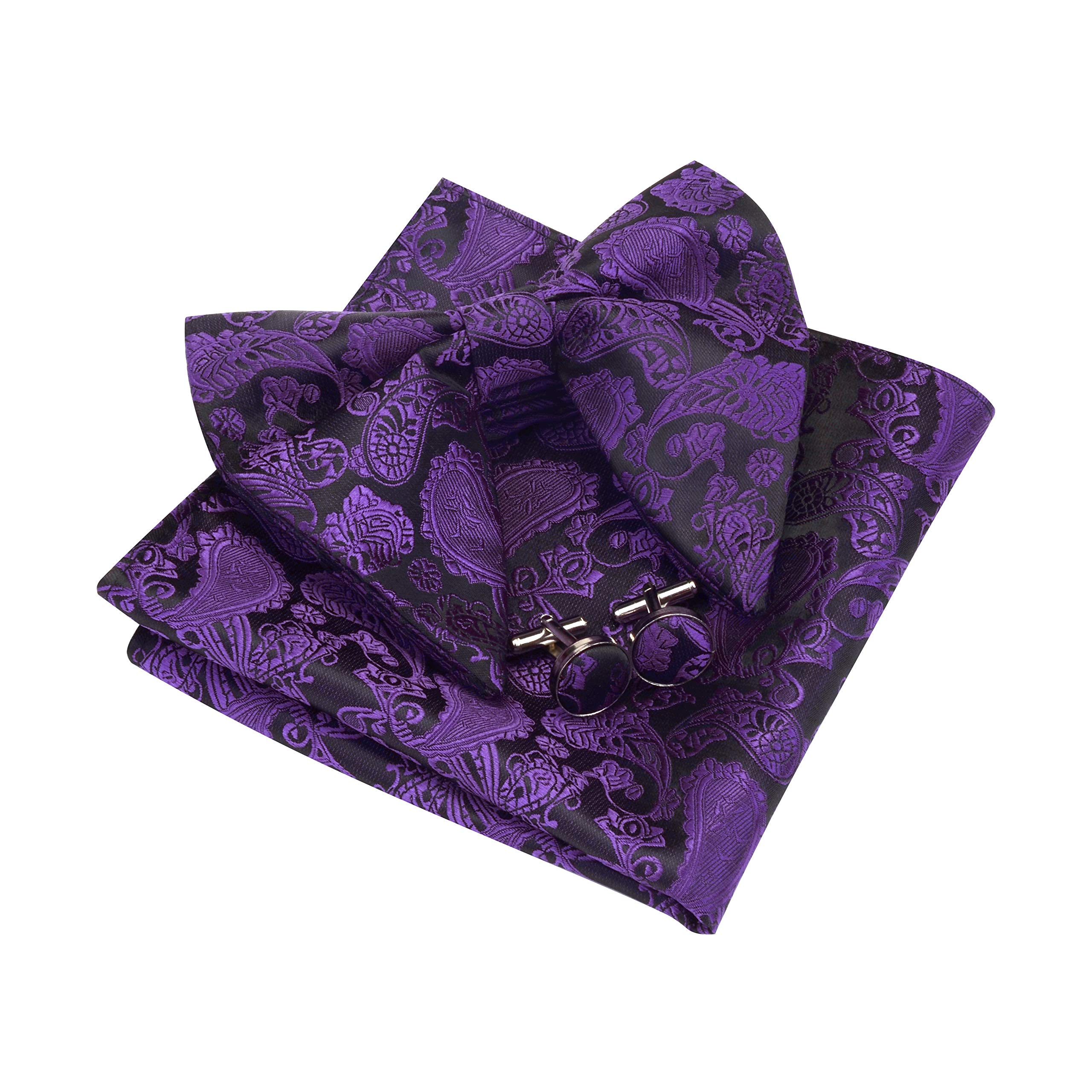 Gusleson Men's Black/Purple Adjustable Big Bowtie And Pocket Square Cufflink Set Fashion Paisley Pre-Tied Bow Tie (Uk0613-06)