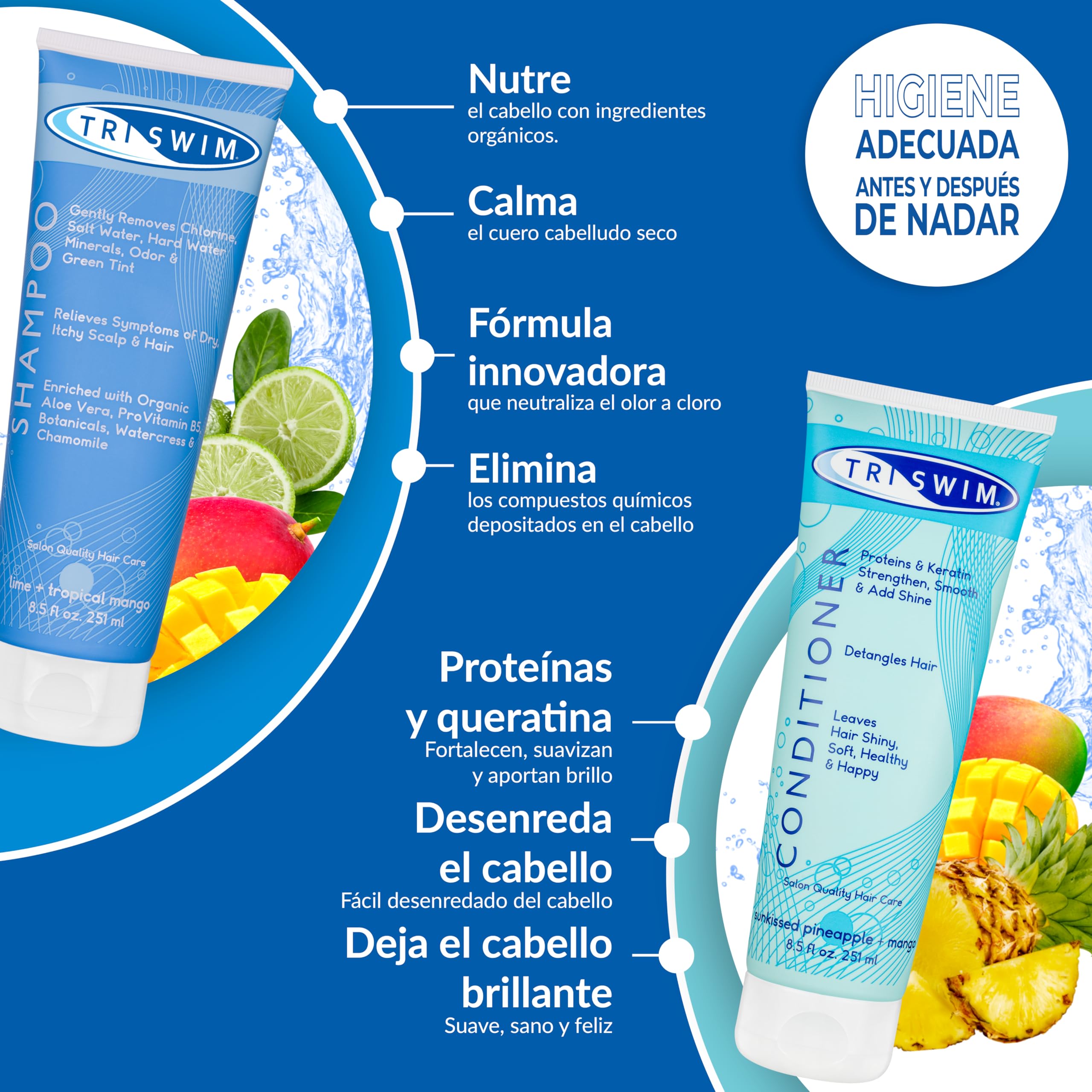 TRISWIM - Lote de champú y acondicionador para después de nadar, tratamiento capilar anticloro para nadadores, elimina el tinte verde, vegano y libre de crueldad animal (251+250 ml)
