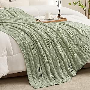 Amelie Home Sage Green Spring Throw Blanket Decorative Hollow Cable Knit Throw Blanket Soft Cozy Lightweight Farmhouse Throw Blankets for Couch Sofa Bedroom 50 x 60