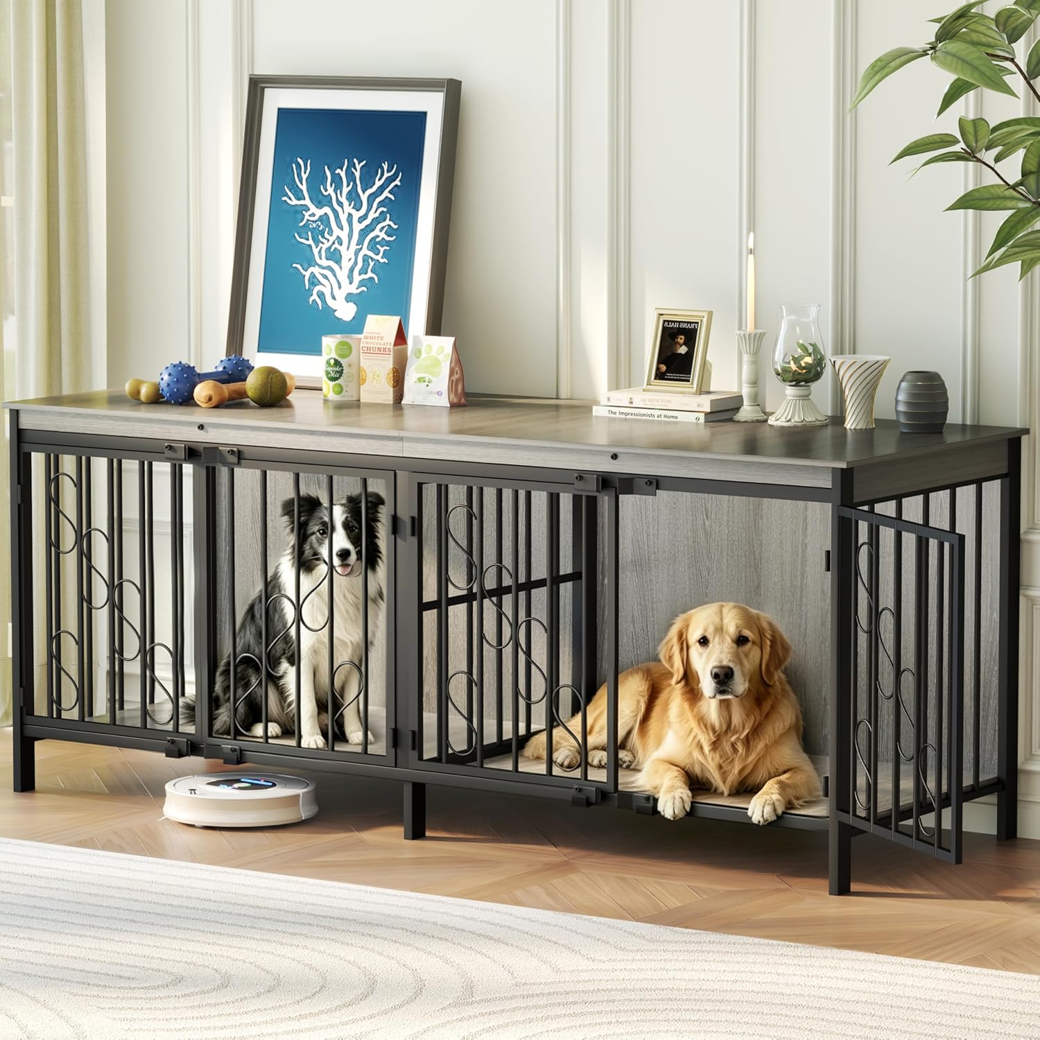 71'' Double Dog Crate Furniture, Wooden Dog Kennel for 2 Dogs, Heavy Duty Wooden Indoor TV Stand with High Legs for Medium Large Dogs, Gray