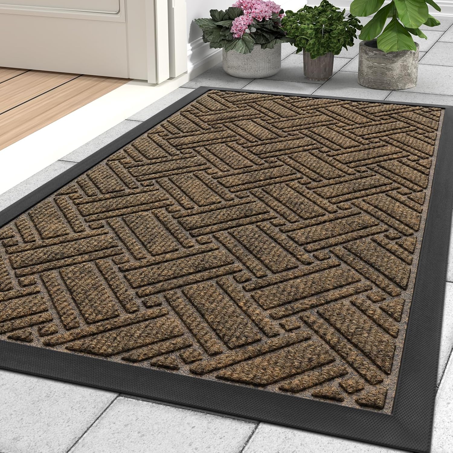 OLANLY Indoor Outdoor Mat, Sturdy Natural Rubber Floor Mat, Non Slip Low Profile Waterproof Doormat, and Stain Front Door Mats, Easy Clean Patio Entrance Mat, 36''x24'', Brown
