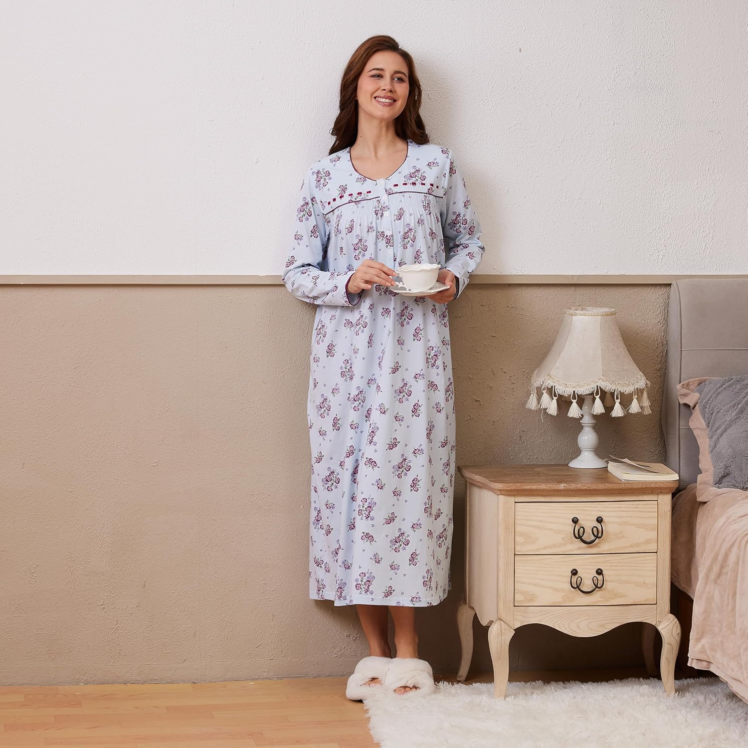 Keyocean Nightgowns for Women, Soft Cotton Comfy Lightweight Embroidered Long-sleeve Nightdress - Image 5