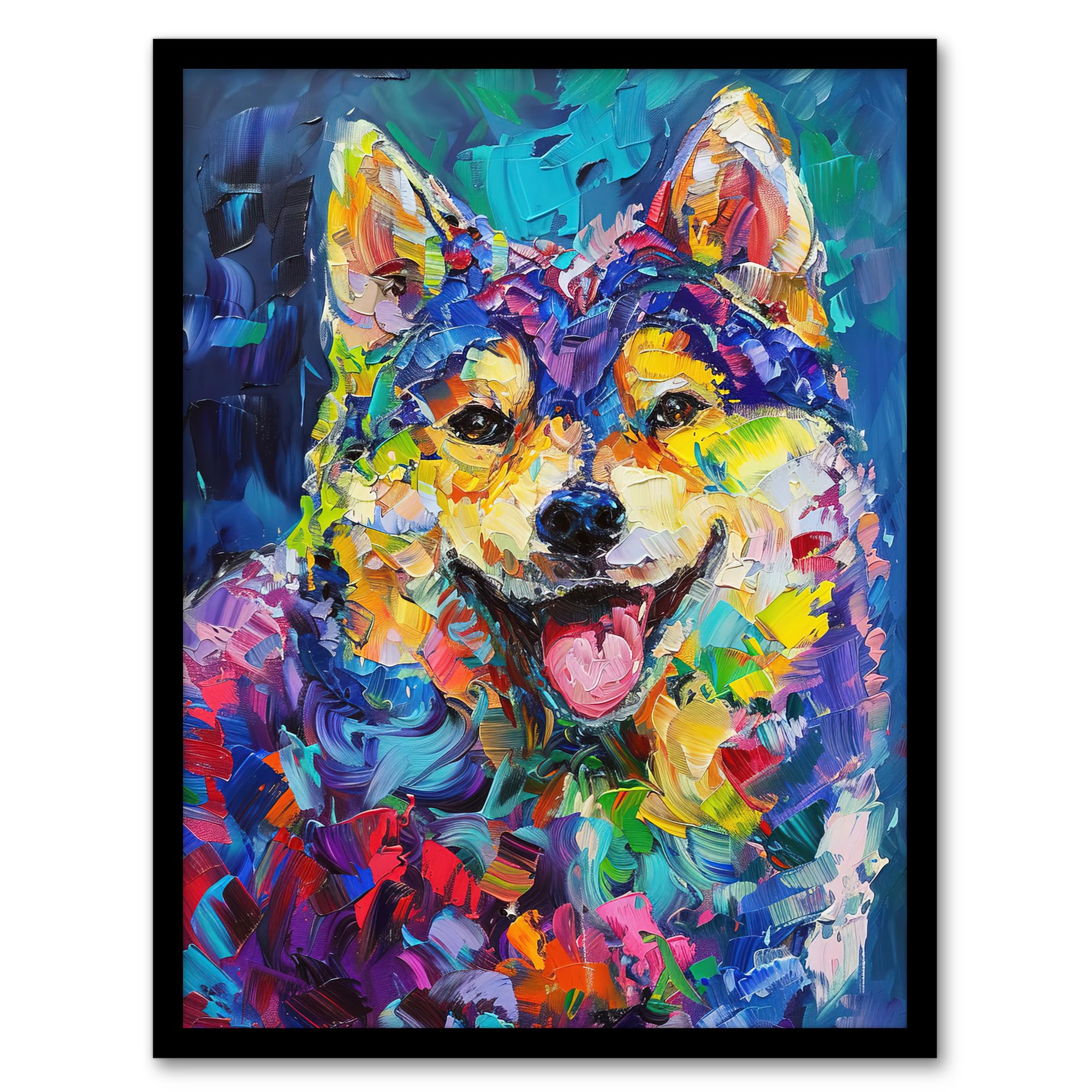 Artery8 Rainbow Shiba Inu Dog Lover Portrait Thick Paint Living Room Artwork Framed Wall Art Print A4