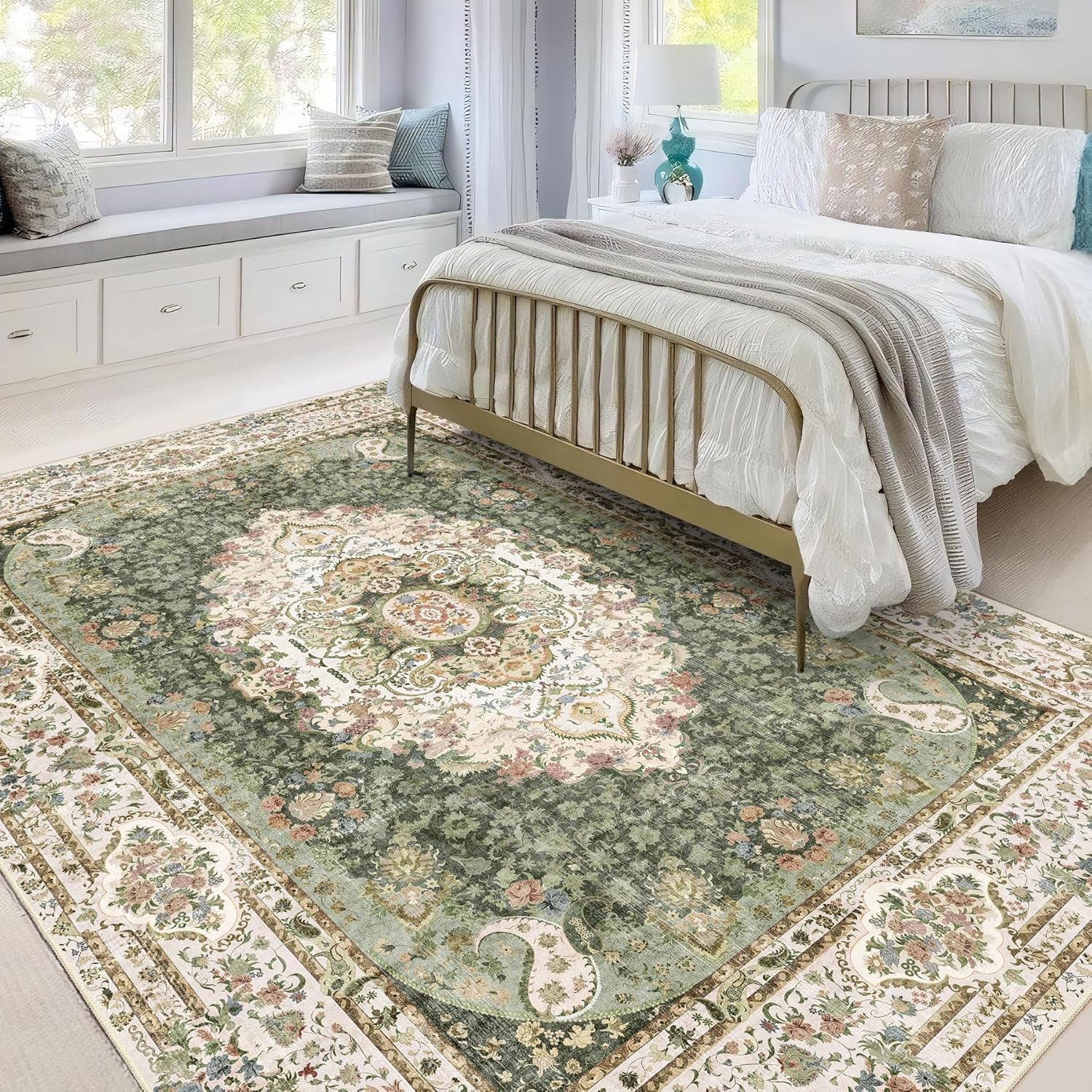 5x7 Area Rugs Washable,Green Rug for Living Room Bedroom Kitchen,Large Boho Vintage Bohemian Distressed Carpet Non Slip,Floral