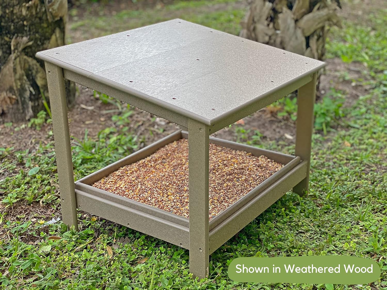 DutchCrafters Extra Large Plastic Poly Covered Ground Feeder with Removable Seed Tray and Slanted Roof, Platform Bird Feeder for Outside Wild Birds, American Made Bird Feeders for Outdoors (Gray)