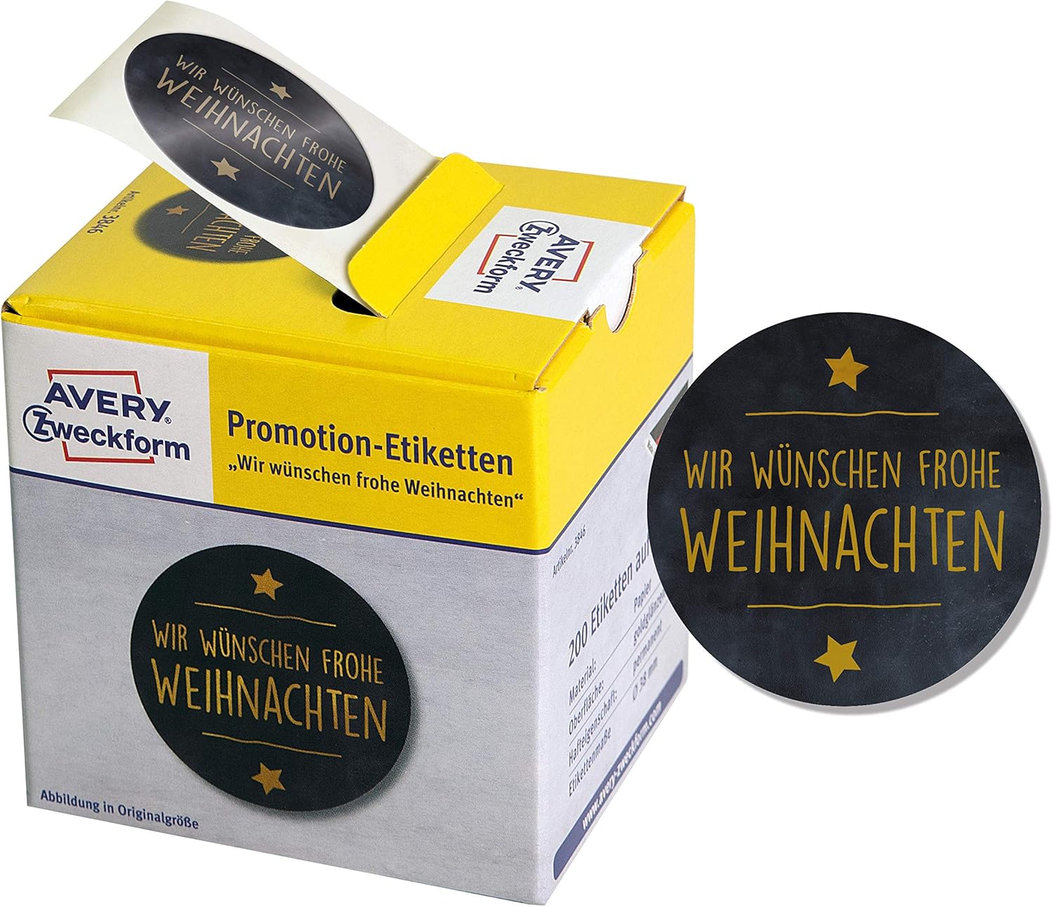 Avery Zweckform 3846 "Wir wune Merry Christmas" Labels on Roll Gift Stickers Self-Adhesive 200 Stickers Round