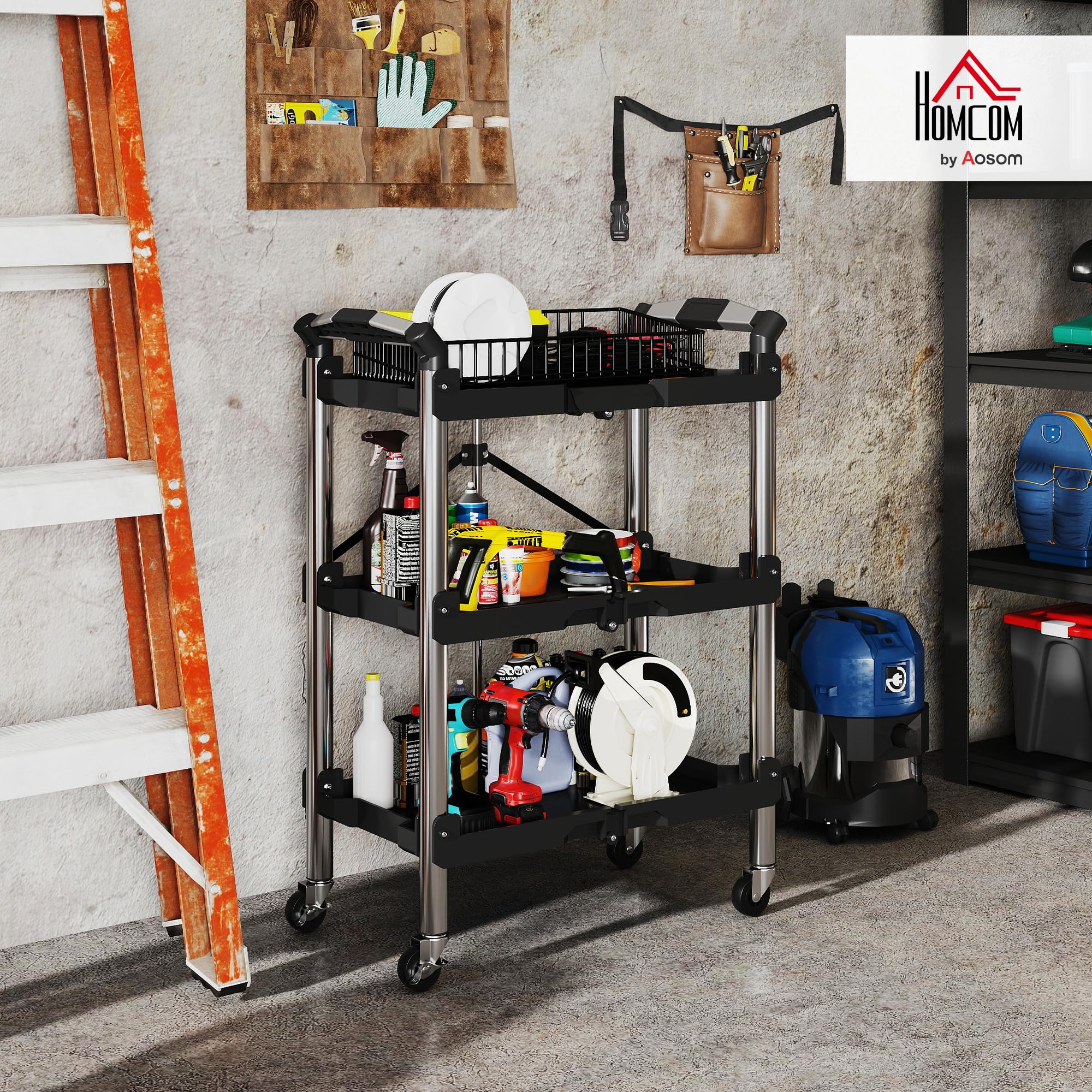 HOMCOM Carrello attrezzi pieghevole 3 livelli, ruote, 150 LBS, nero | Carrello utility pieghevole con maniglie, organizer servizio mobile, per garage magazzino officina.
