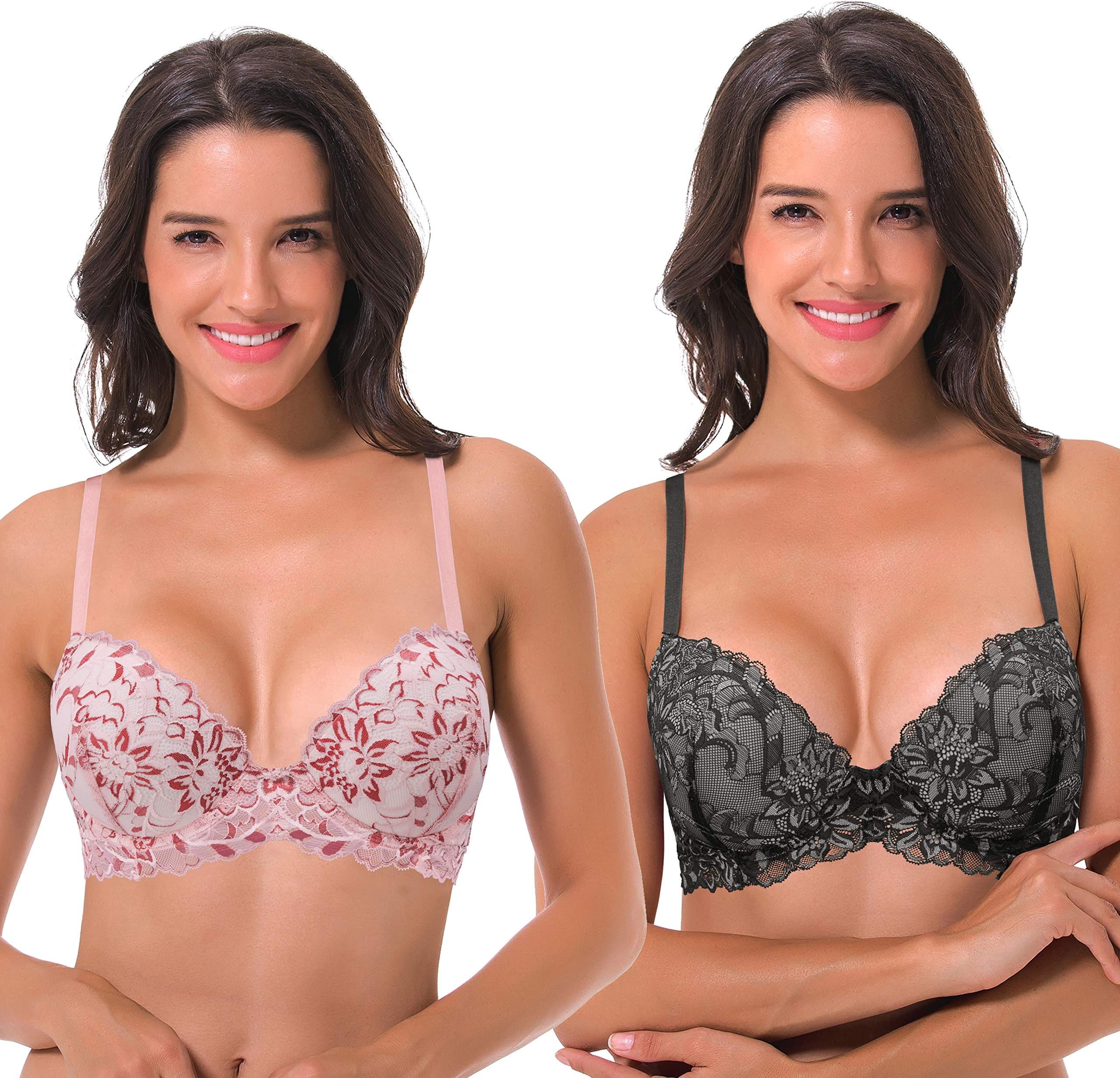 Curve Muse Women's Underwire Plus Size Push Up Add 1 and a Half Cup Lace Bras