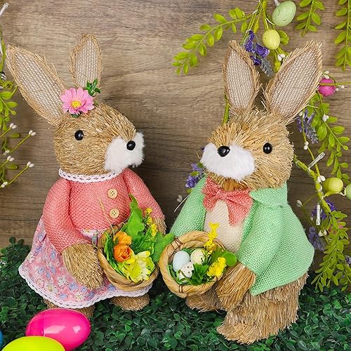 Miniatura 3 de Juegoal Juego de 2 figuras de conejo de Pascua de pie, 13.8 pulgadas, hechas a mano, estatuas de mesa de conejos de Pascua, lindos accesorios de