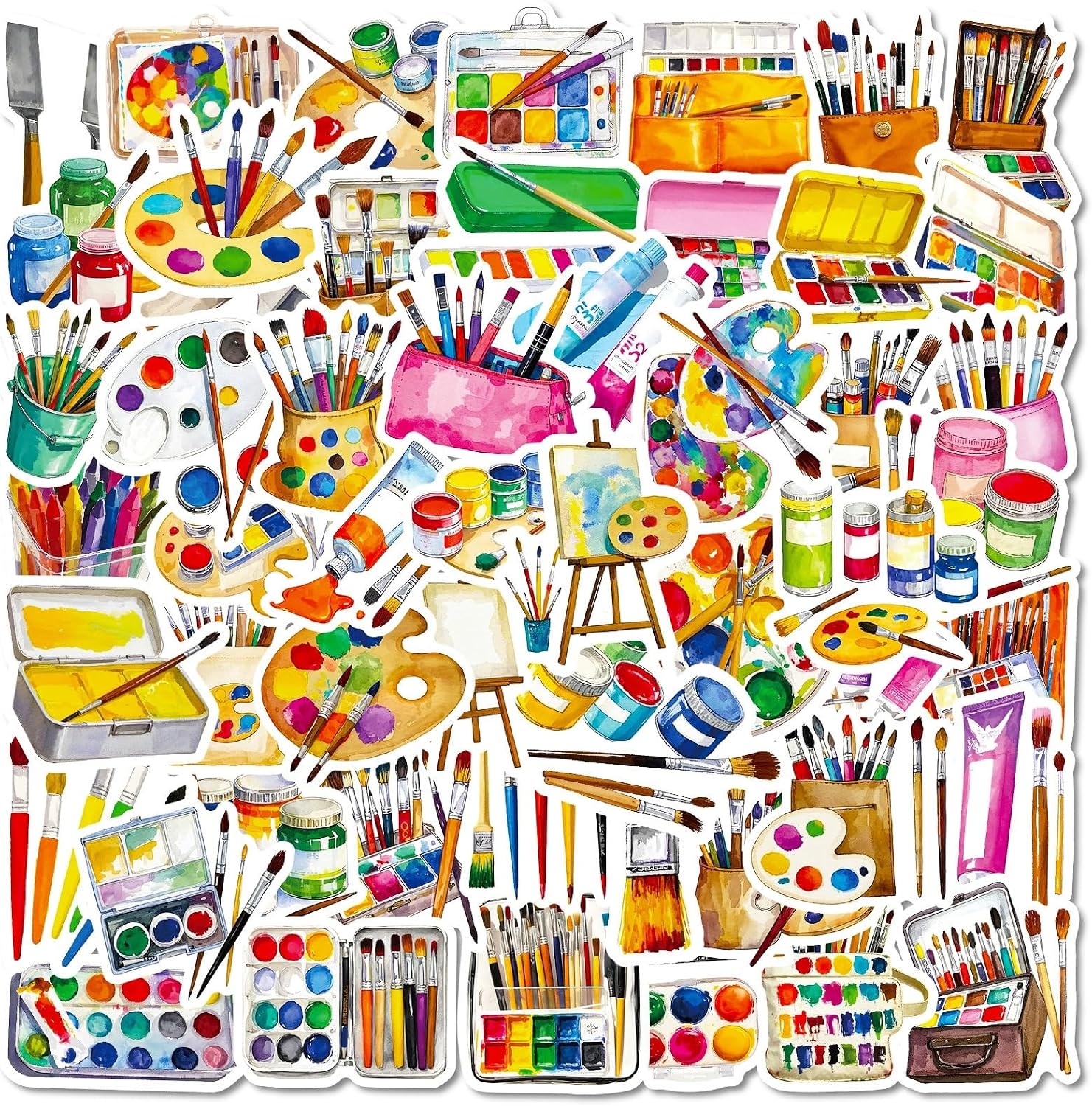 50Pcs Cute Watercolor Art Stickers,Waterproof Vinyl Aesthetic Painting Tool Stickers for Journaling,Laptop,Water Bottle,Planner, Scrapbook,Phone Case,Luggage,Skateboard,DIY Decor for Artists, Students