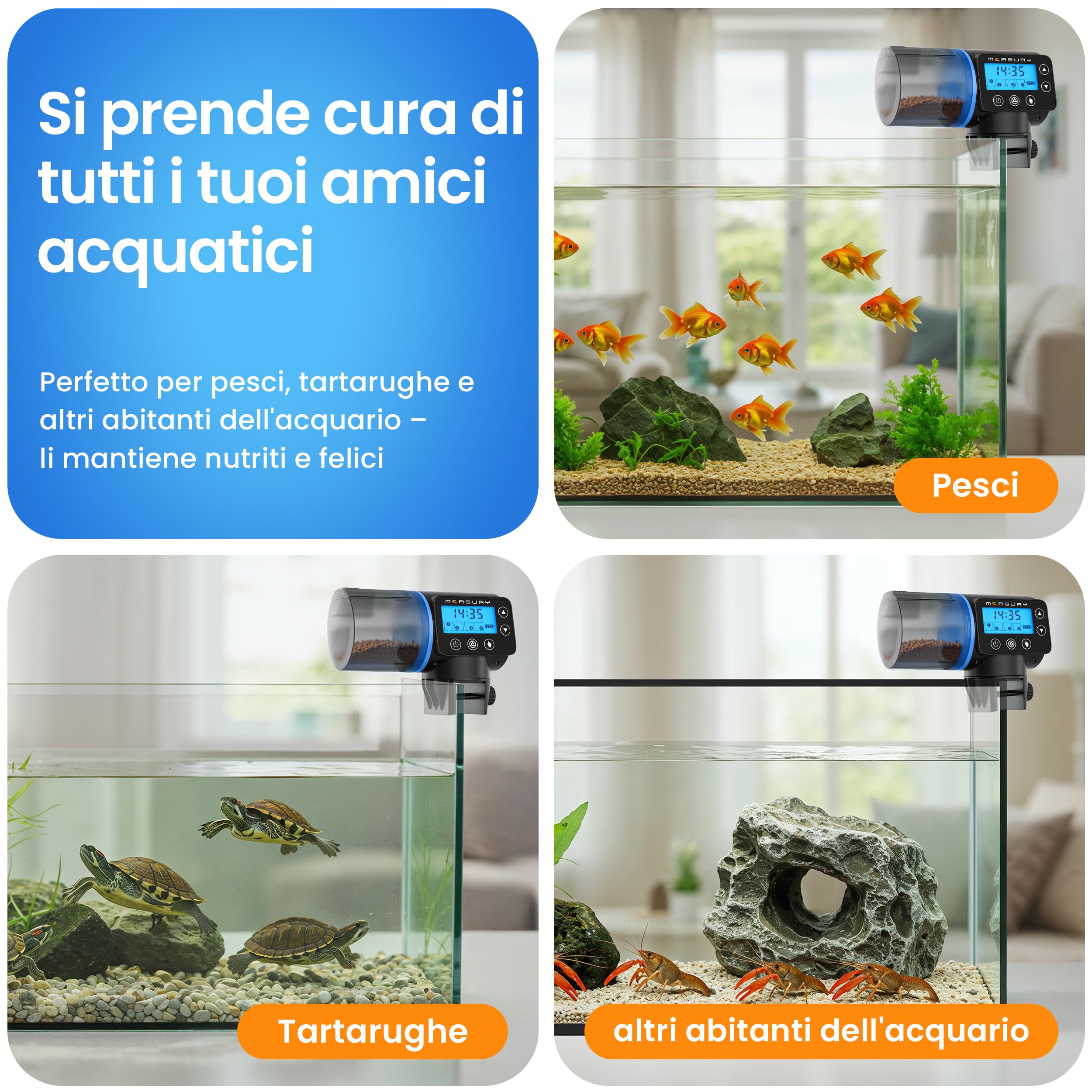 Mangiatoia automatica acquario di Measury, Dispenser mangime pesci automatico - fino a 4 volte al giorno, Distributore automatico cibo pesci