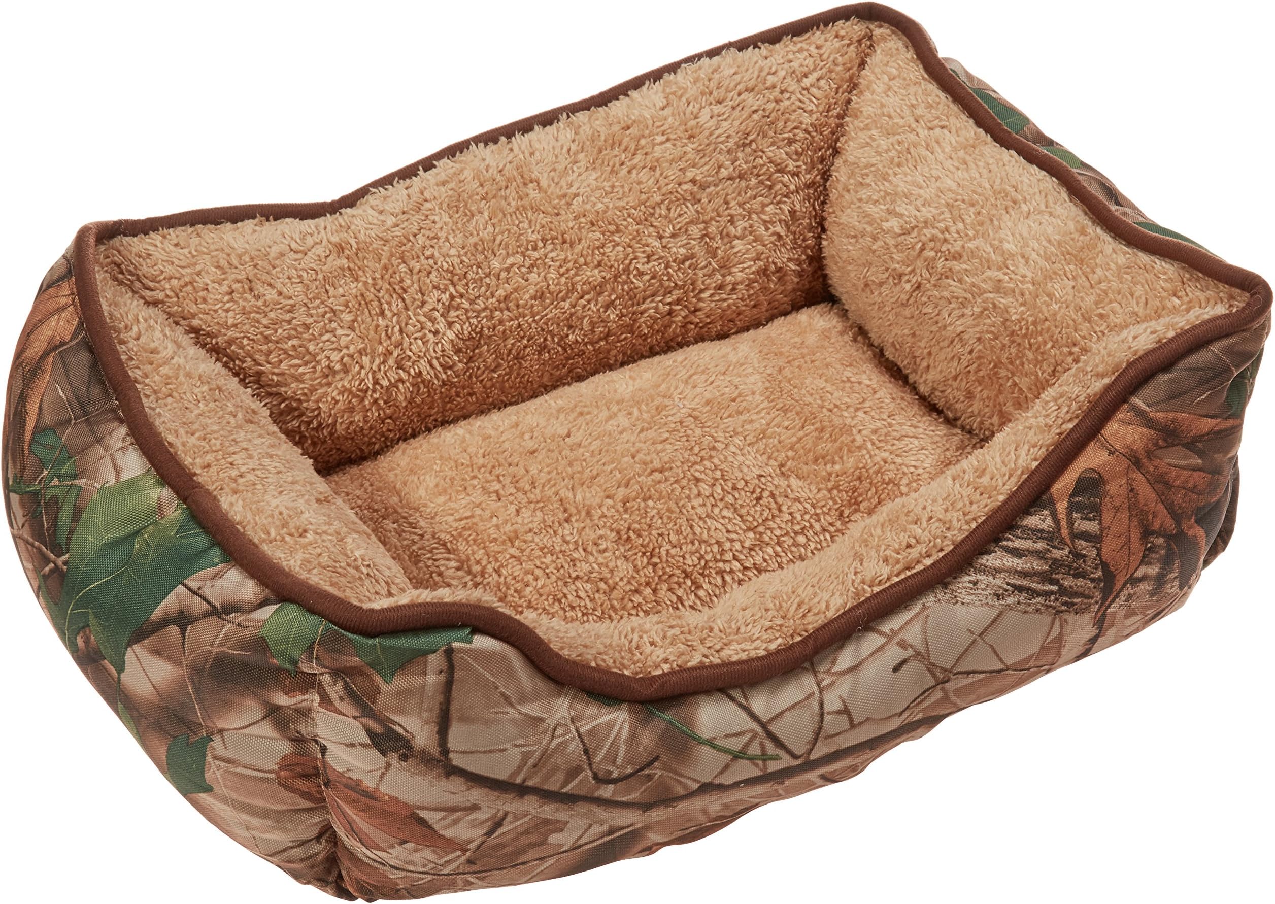Camouflage Dog Bed — Extra Fluffy, Ecofriendly Polypropylene Fiber — Non-Slip Bottom — Machine Washable — Rectangle Pet Bed — Brown or Pink Piping — Fits All Dog and Cat Breeds,Small (18 x 14)