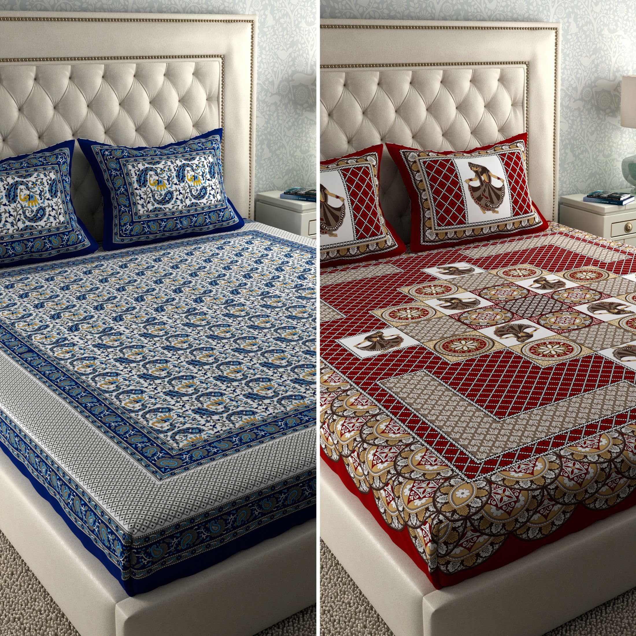 Jaipuri Cotton Bedsheets - 2 Double Sets with Pillow Covers -1