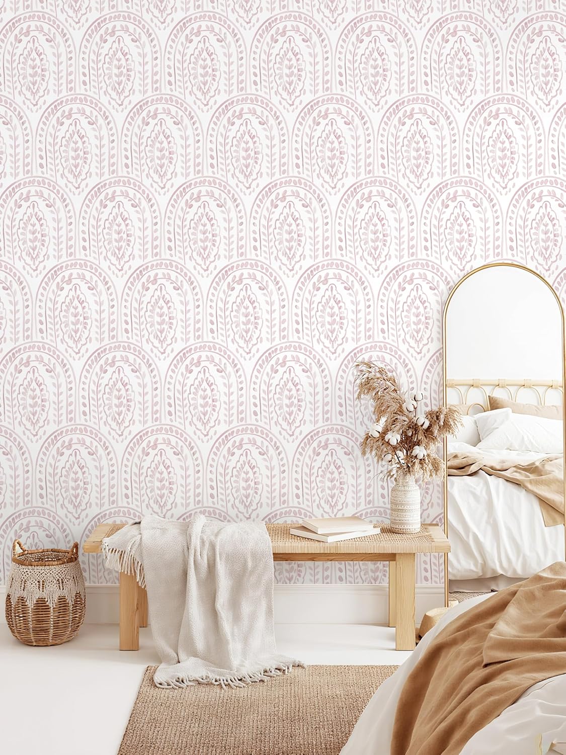 EeeComing Pink Peel and Stick Wallpaper Boho Wall Paper Peel and Stick Modern Contact Paper Self Adhesive Wallpaper for Bedroom and Bathroom Removable Cabinet Shelf Liner Vinyl 17.3”X393.7”