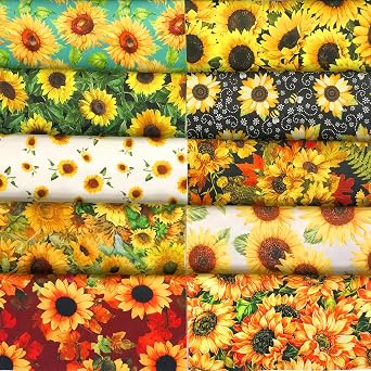 Quilting Fabric 100% Cotton Craft Fabric Bundle Squares Fat Quarters Multicolored for Patchwork DIY Sewing Scrapbooking (10 Pieces, Sunflower, 25x25cm)