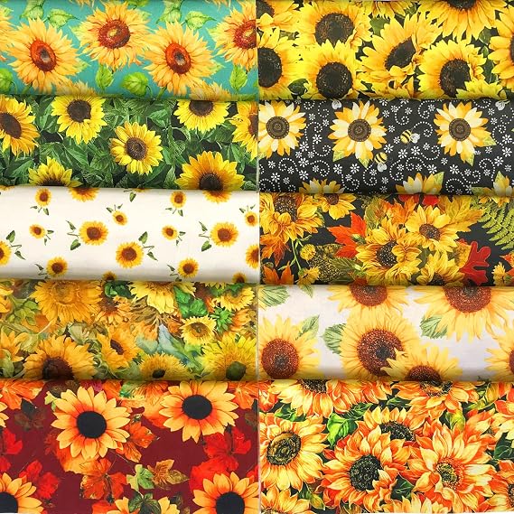 Quilting Fabric 100% Cotton Craft Fabric Bundle Squares Fat Quarters Multicolored for Patchwork DIY Sewing Scrapbooking (10 Pieces, Sunflower, 25x25cm)