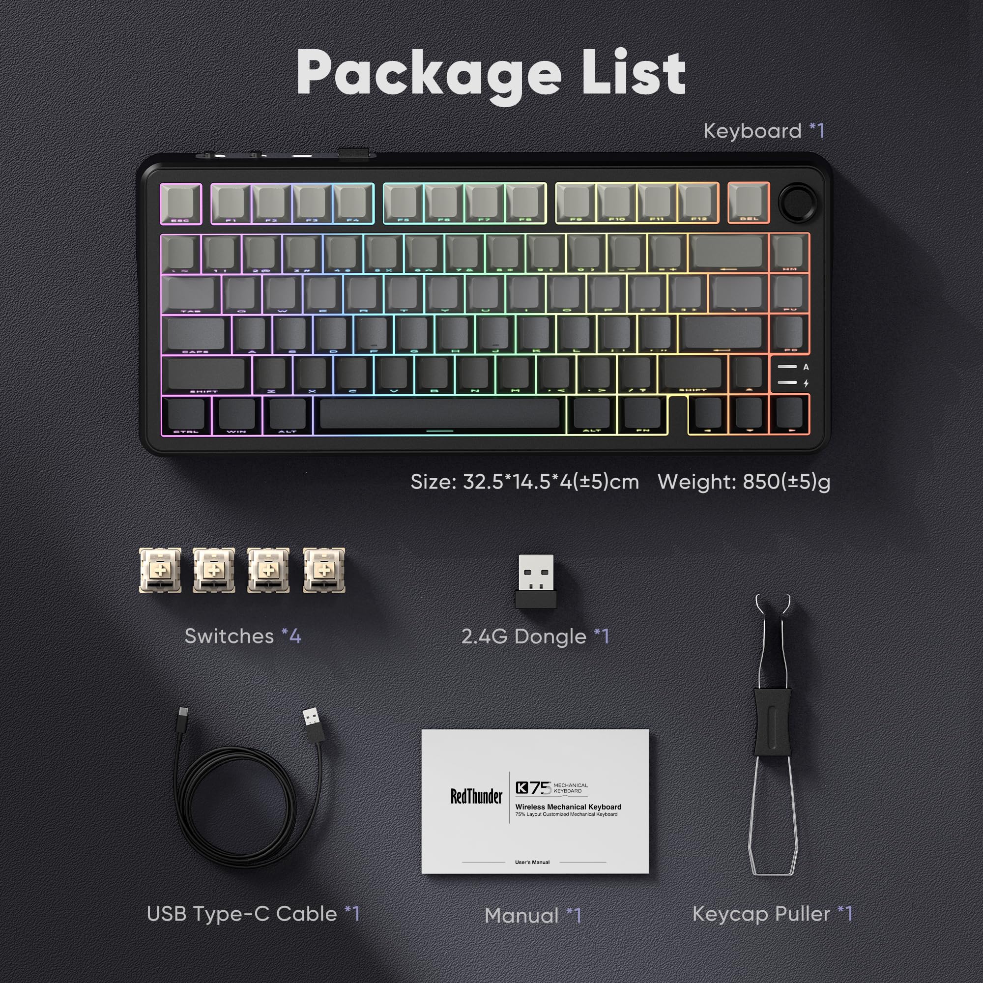 RedThunder K75 75% Wireless Mechanical Gaming Keyboard,Creamy Gasket-Mounted,Volume Knob,US Layout,Keycaps-Side Print,2.4G/BT/USB-C,RGB Underglow Lighting,Hot swappable Fast Apricot Switch for PC Mac — view 9