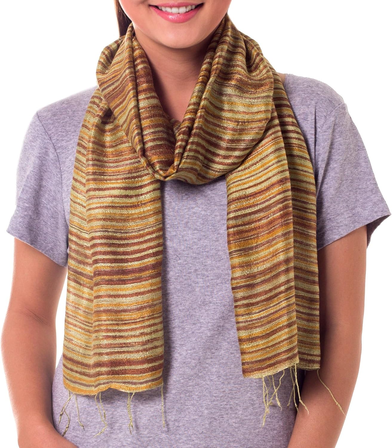 NOVICA Artisan Handmade Silk Batik Scarf Crafted Accessories Scarves Brown Yellow Wrap Striped Thailand ' Mae Nam Khong Honey'