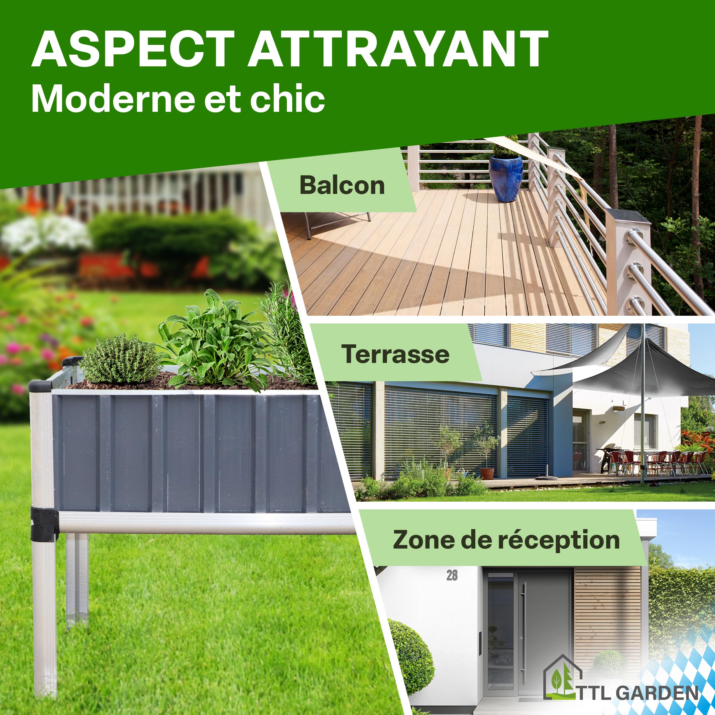 TTL GARDEN « Superior » Jardinière surélevée en aluminium avec serre - 128 x 114 x 60 cm - Grande plate-bande surélevée en aluminium de qualité supérieure avec couvercle de serre - Portes et toit en