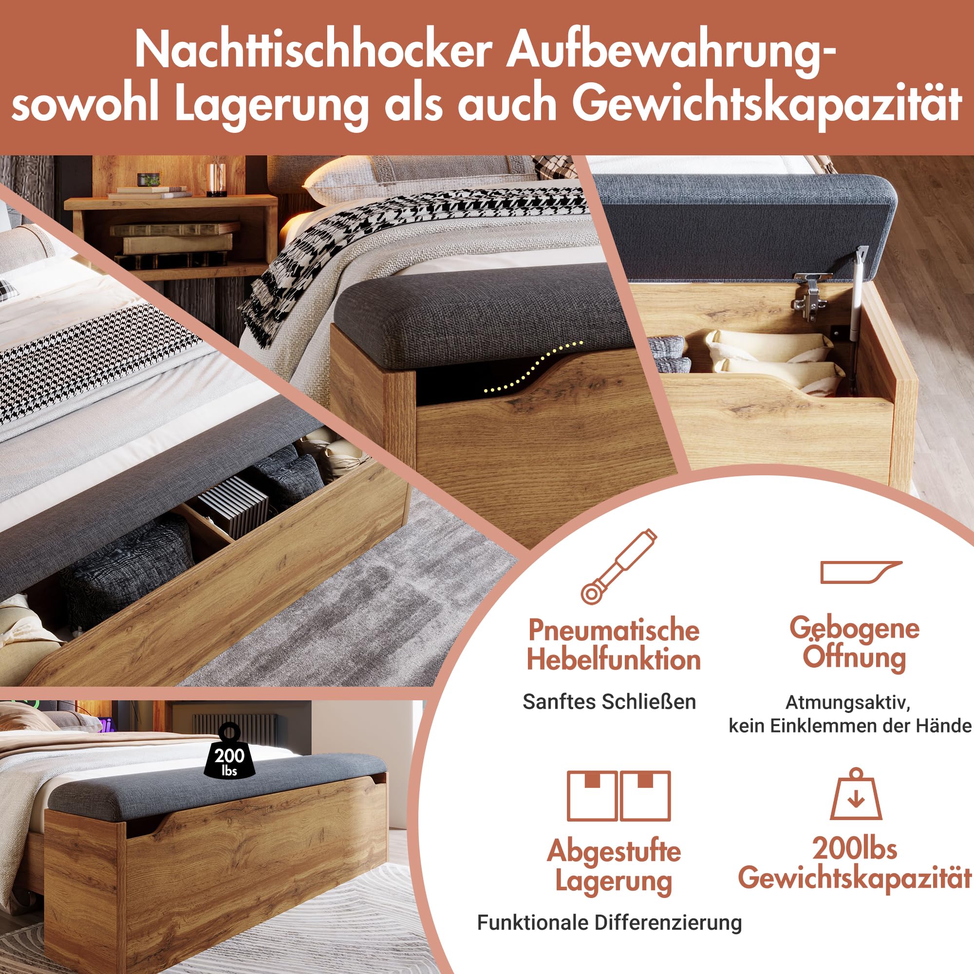 Kebnor Cama doble tapizada, cama con lámpara de lectura y mesita de noche USB C y banco con almacenamiento, estructura de cama con somier de metal, madera y lino, roble (sin colchón) (180 x 200 cm)