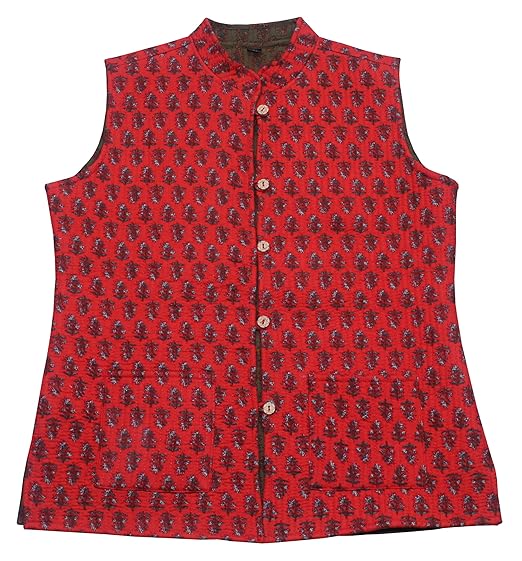 Women's Red Floral Cotton Quilted Reversible Sleeveless Jacket