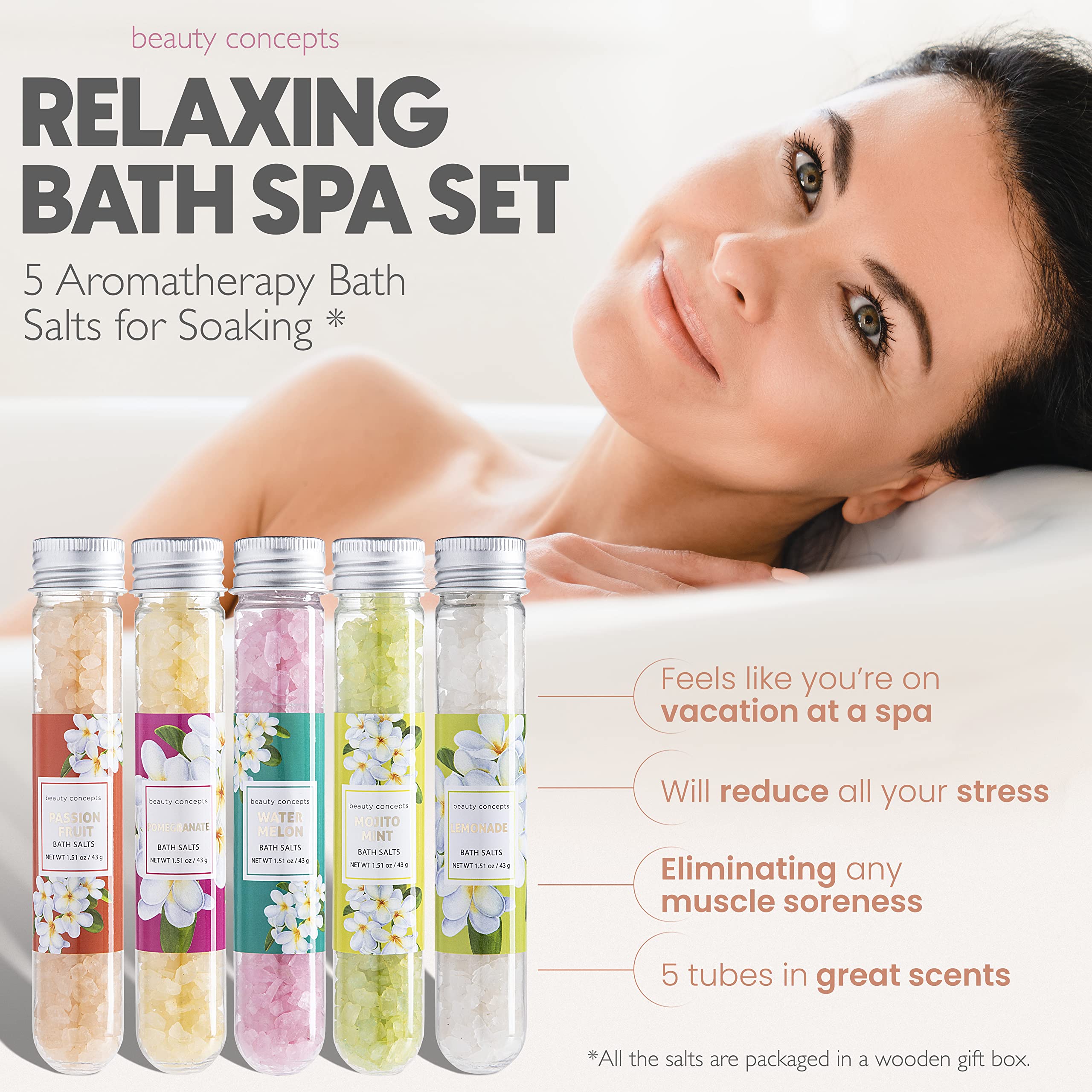 B.C BEAUTY CONCEPTS Sels de bain d'aromathérapie - Lot de 5 sels d'Epsom pour trempage, spa relaxant, parfumé à la limonade, fruit de la passion, grenade, pastèque, menthe mojito