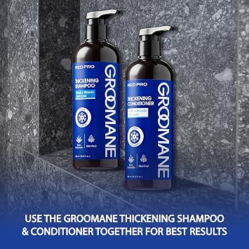 RED Pro GROOMANE Men Biotin Shampoo for Thinning Hair, Clarifying Anti-Dandruff Scalp Care with Caffeine, Menthol & Tea Tree, Strengthens Roots, Promotes Thicker-Looking Hair, Sulfate-Free