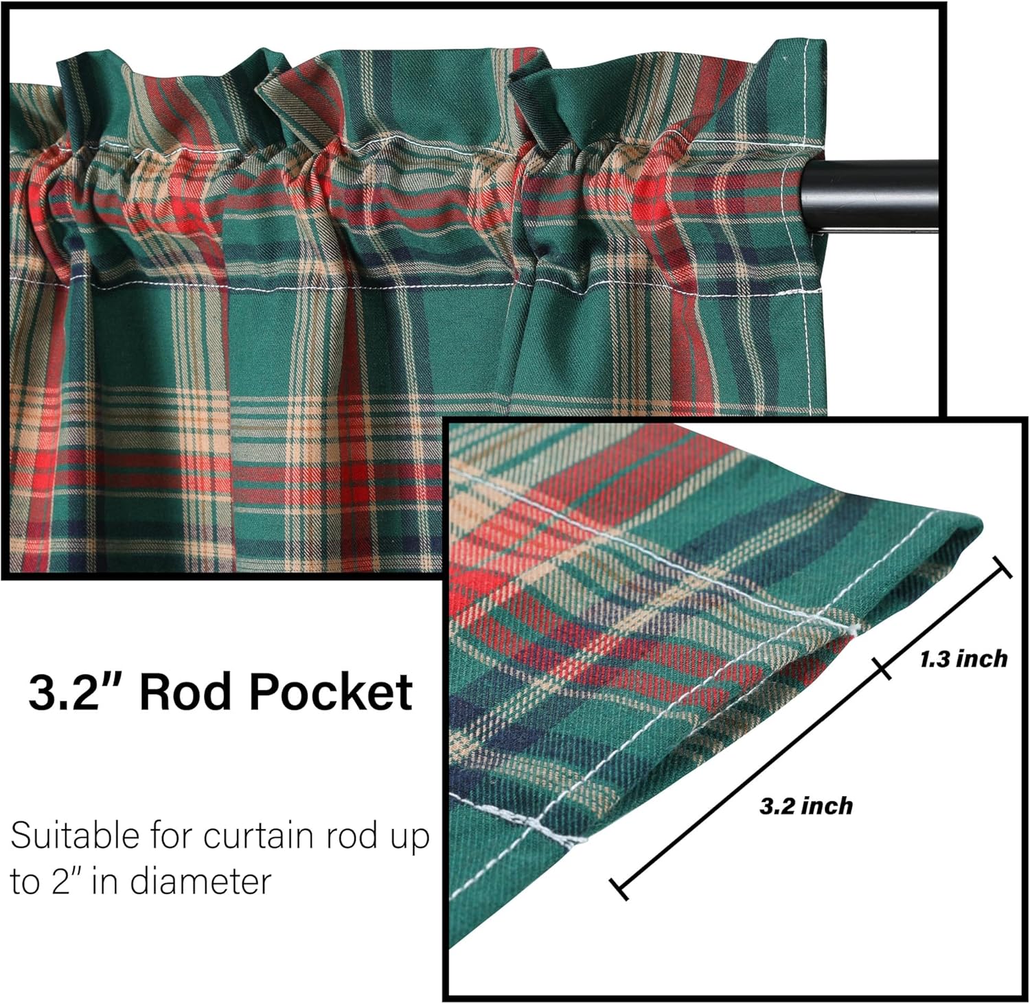 2 Pcs Scottish Plaid Tier Curtains Rod Pocket Small Window Curtain Green Vintage Geometric Design Kitchen Bathroom Curtains with Lace Trim, 28x48 Inches