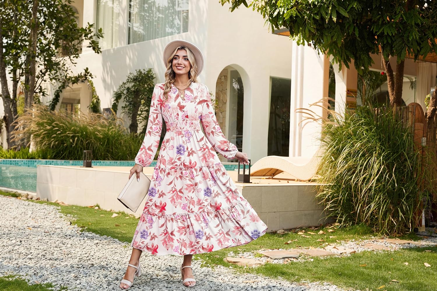 Women Long Sleeve Midi Dress, Boho Floral Casual Flowy A Line Dresses,  Spring Elegant Classy Dress with Pocket Apricot at Amazon Women's Clothing  store