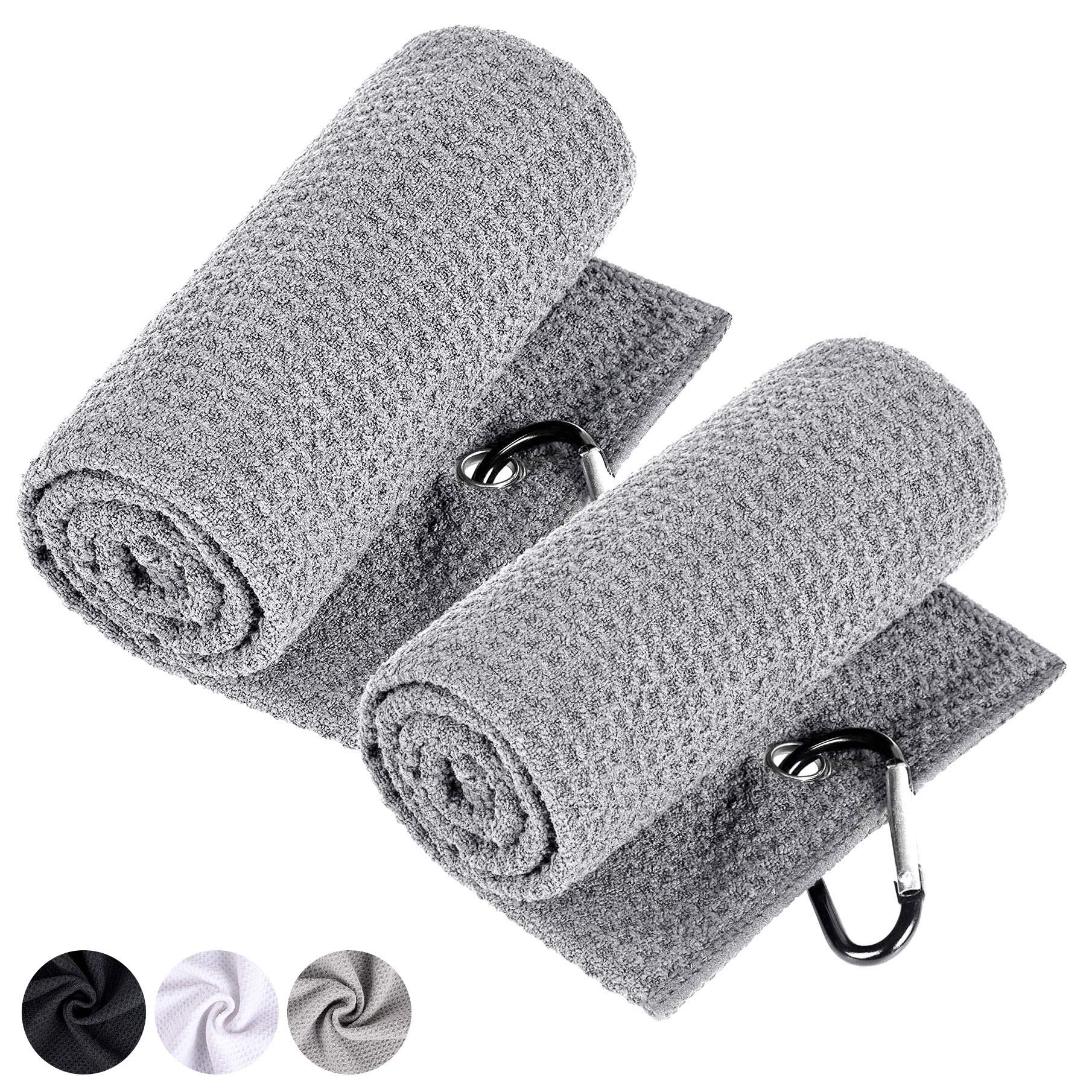labworkautoGolf Towel Microfiber Waffle Tri-fold with Heavy Duty Carabiner Clip Black White Gray 2xGray